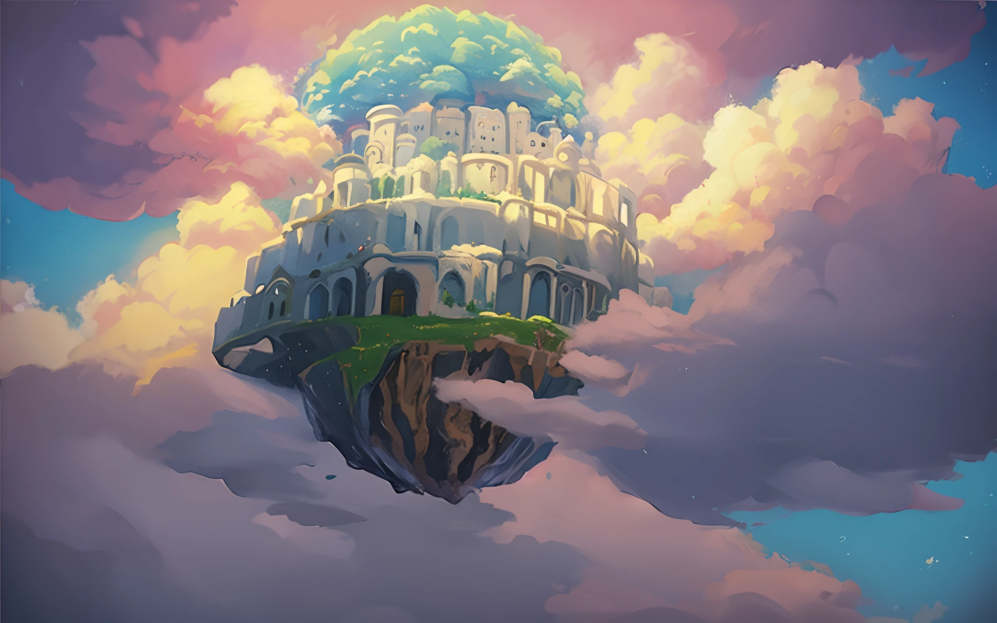 Castle painting in the sky,There is a tree on it, castle in the sky style, Flying Island in the Sky, Floating city in the sky, A floating island in the sky, island floating in the sky, floating and flying island, floating city on clouds, an island floating in the air, Castle in the sky, flying islands, flying cloud castle