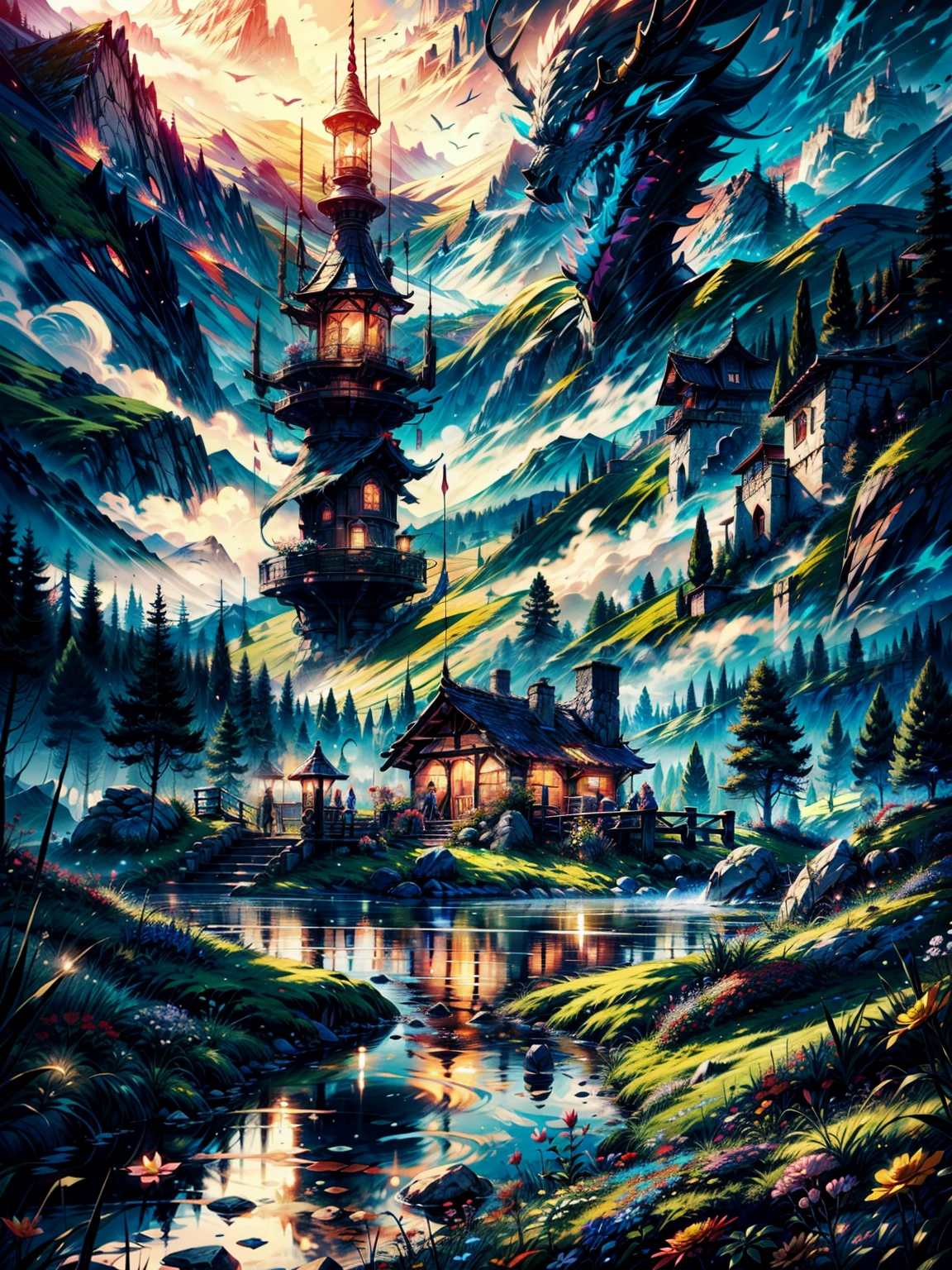 Gorgeous, masutepiece, Best Quality, landscape, hight resolution,4K, Wallpaper, Trace Light, mountainscape, Convoluted, Detailed, Break Media Bal, camp, Florest, Duan, Magical, Magic, No_The human, hut, Flowers, busy, RPG, lord of the rings, Cozy peace,peaceful, amazing view