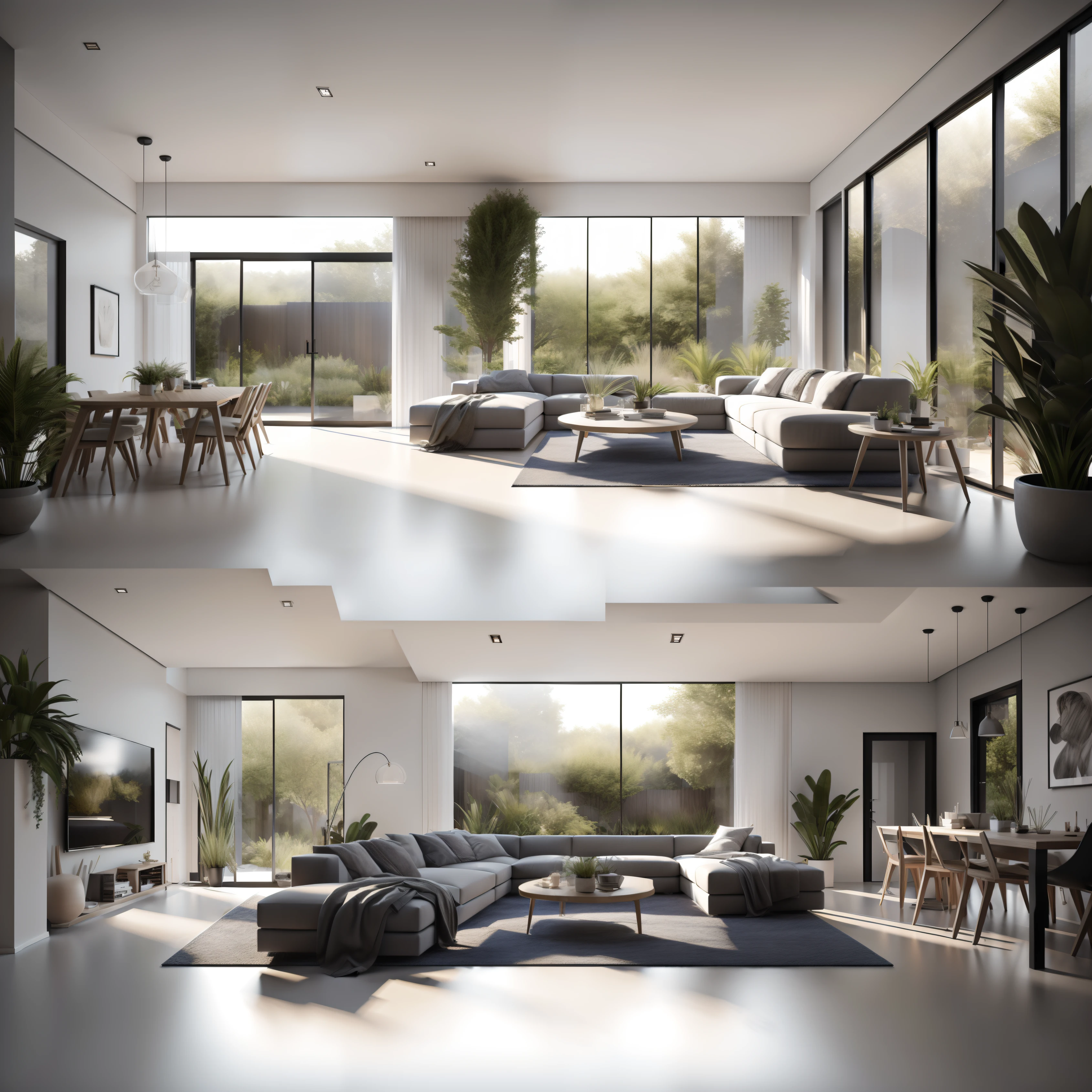 Interior design,insanely detailed wide angle architecture realistic rendering, cozy contemporary living room, (bright warm sunlight 1:0.1), award-winning contemporary colorful interior design, scenery, plastic table, transparent colorbplastic chairs, indoors, indoor plant, terrazzo with inlay metal floor, window, luxury dining area, east asian architecture, sliding doors, funky lamp, architecture, forest, nature, cup, plant,INTERIOR DESIGN,intersting lights and shadows, Depth of Field,low light, pendants light, Livingvroom, blue mosaic tiles, High class design, V-ray render, details design, high quality rendering