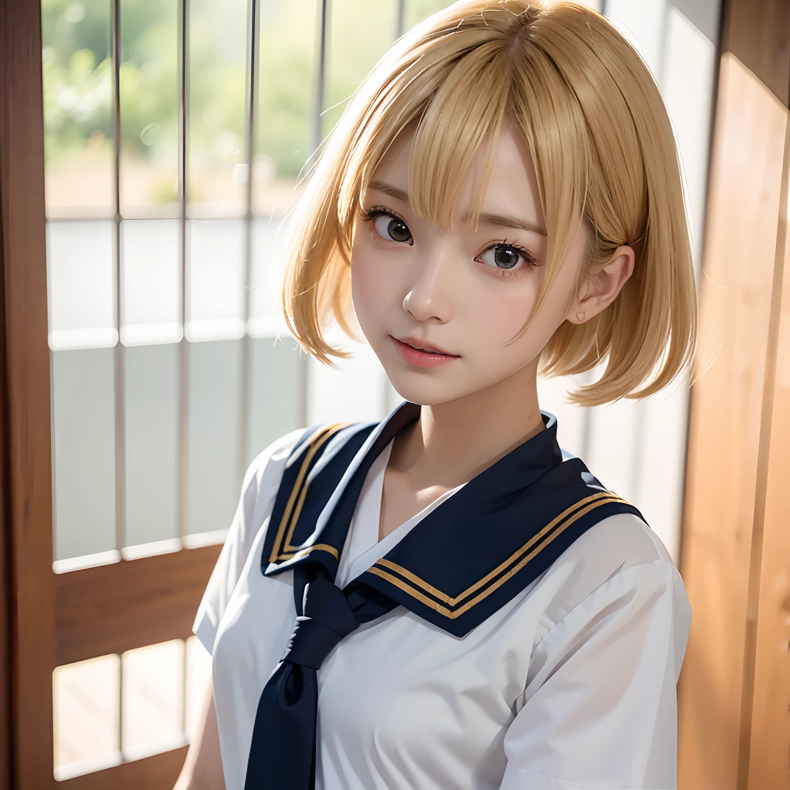 (masutepiece, Best Quality:1.2), 8K, Official art, Raw photo, Full Bord Bill Four、Running in the corridor、Impatient、front desk、校服、Cute smile、skinny、years、small tits、unbelievable Ridiculous, (Upper body, 校服、pantiy:1.4), Beautiful Girl, Pretty Face, arching back down,、Gold hair ornament on hair、a blond、Bob Perm、close up, Sailor Suit, Short sleeve, violaceaess, Teen, Looking at Viewer, Film grain, chromatic abberation, Sharp Focus, face lights, Dynamic lighting, Cinematic lighting, Eyes and faces with detailed, Bokeh background,