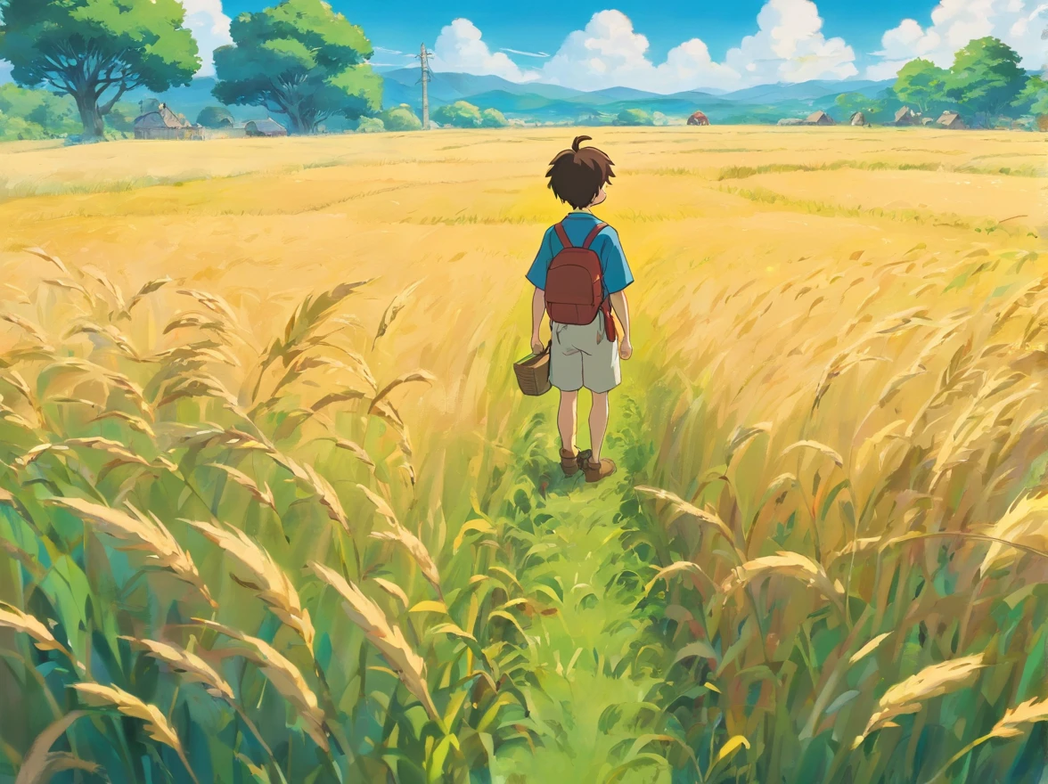 Picture book characters、A -yeld botands in the middle of a field and watches，Positive perspective、There are many farmers working in the field background、Take risks、Ghibli style、Humanity