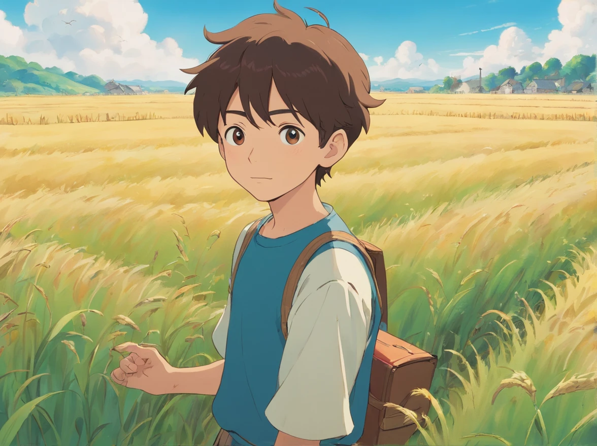 Picture book characters、A 15-year-old boy stands in the middle of a field and watches,Positive perspective、There are many farmers working in the field background、Take risks、Ghibli style、Humanity