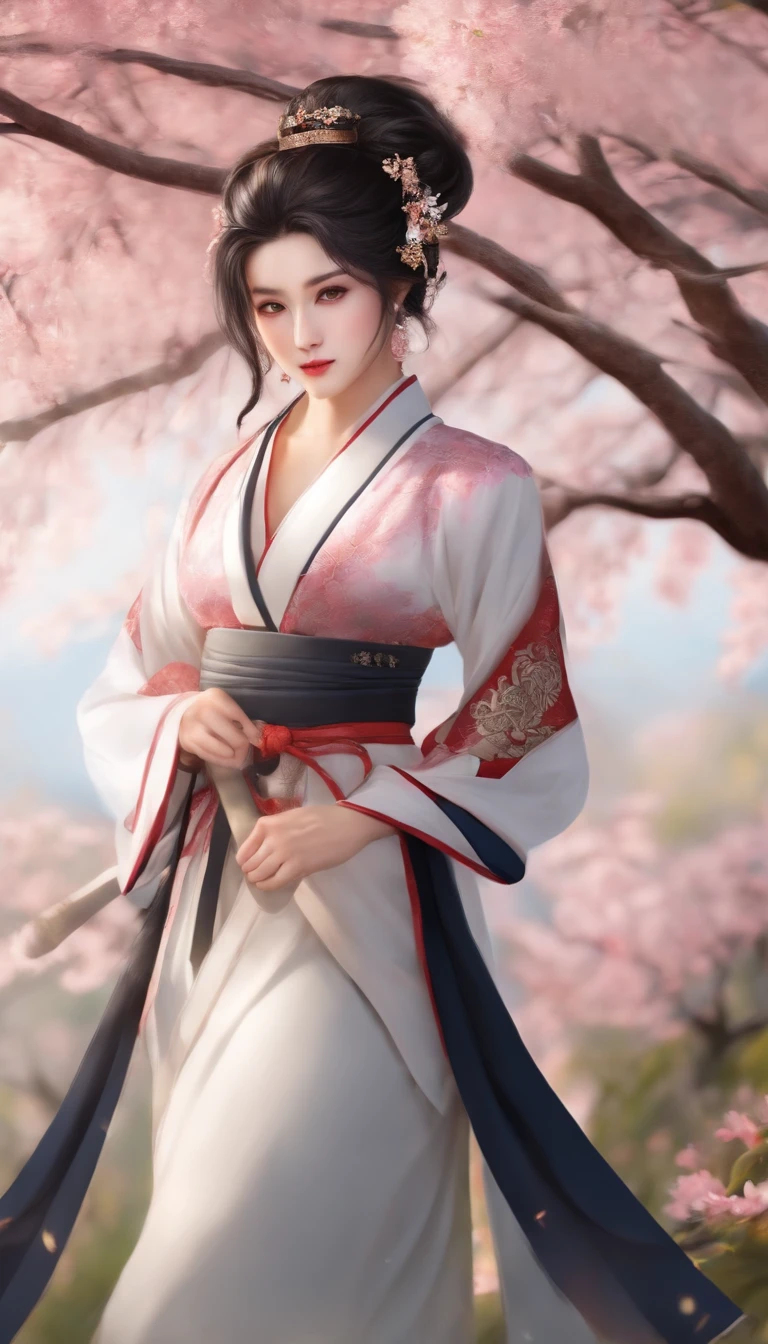 Danfeng Eyes，bushido，The upper part of the body，Black coiled hair，Simple hairpins，Cold eyes，solo person，orthofacial，frontage，Peach blossom background，Highly saturated colors，Hyper Real，8K high-definition，holding a longsword，Absolutely beautiful，high light，plethora of colors