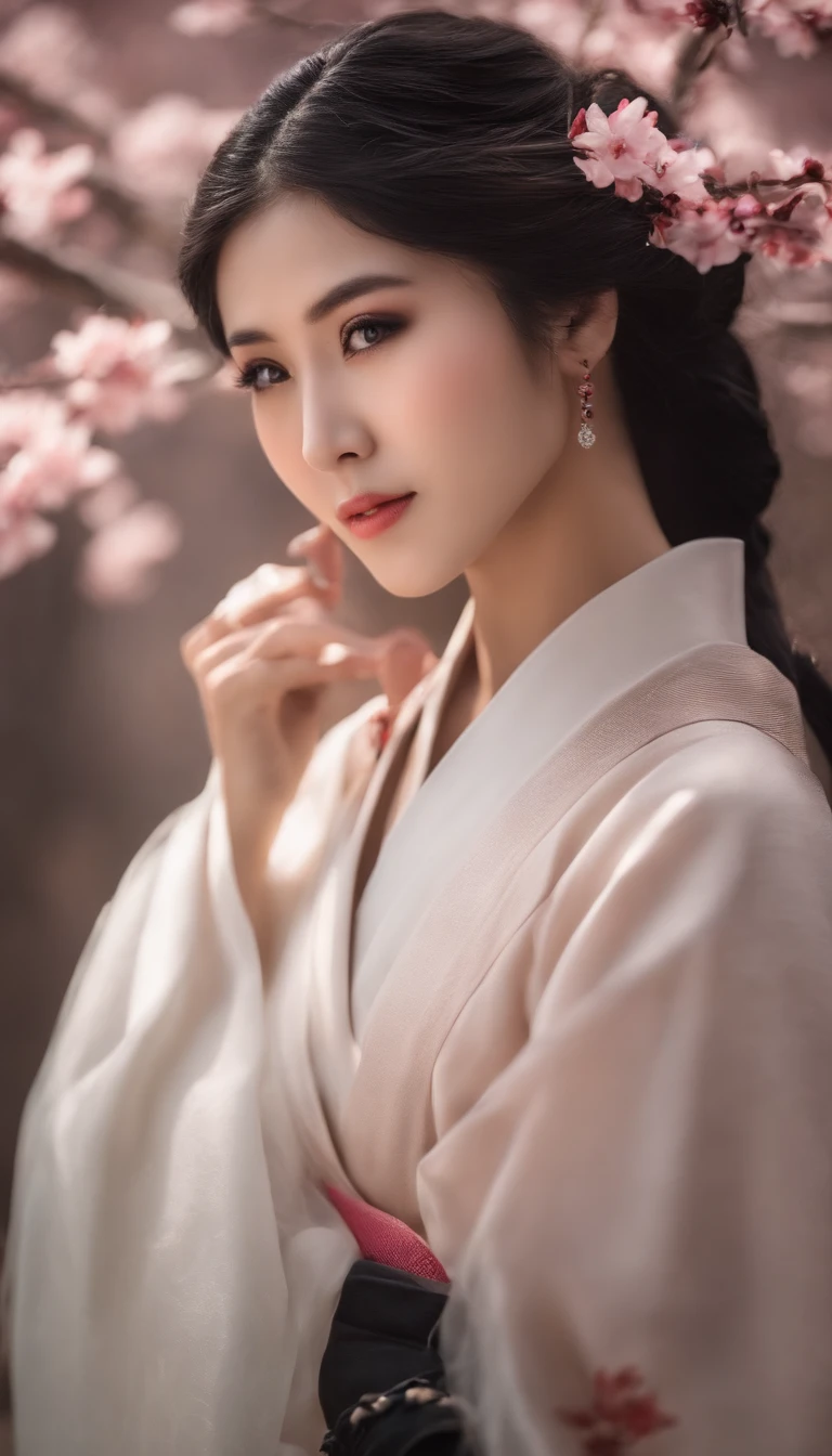 Danfeng Eyes，bushido，The upper part of the body，Black coiled hair，Simple hairpins，Cold eyes，solo person，orthofacial，frontage，Peach blossom background，Highly saturated colors，Hyper Real，8K high-definition，holding a longsword，Absolutely beautiful，high light，plethora of colors