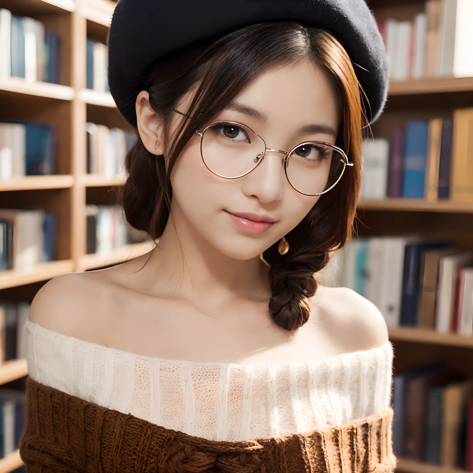 (One High School Girl,japanes,Pill glasses,Stand in the library,Looking at the camera、Stand next to a bookshelf,Brown Beret,Tied hair,Braided hair,Elegant round glasses,The cutest face,Knitwear with exposed shoulders,off-shoulder knit,Chunky warm knitwear,off-shoulder knit,Elegant tight skirt with square pattern,Elegant fabric tight skirt,Amazing black and brown skirt with square pattern,Emphasize body lines,Literary girl,Have a book,Exact book,View here,Fair skin,Natural light with warm tones,Photograph your face up close,Library bookshelf on background,See the perfect camera here,Clean teeth,perfect teeth,White teeth,finerly detailed face,Quality and beautiful face,Clear and beautiful face,Perfect gas chamber,Perfect fingers,Perfect hands,Accurate 5 fingers))Top image quality,in 8K、professional photograpy,Realistic quality,