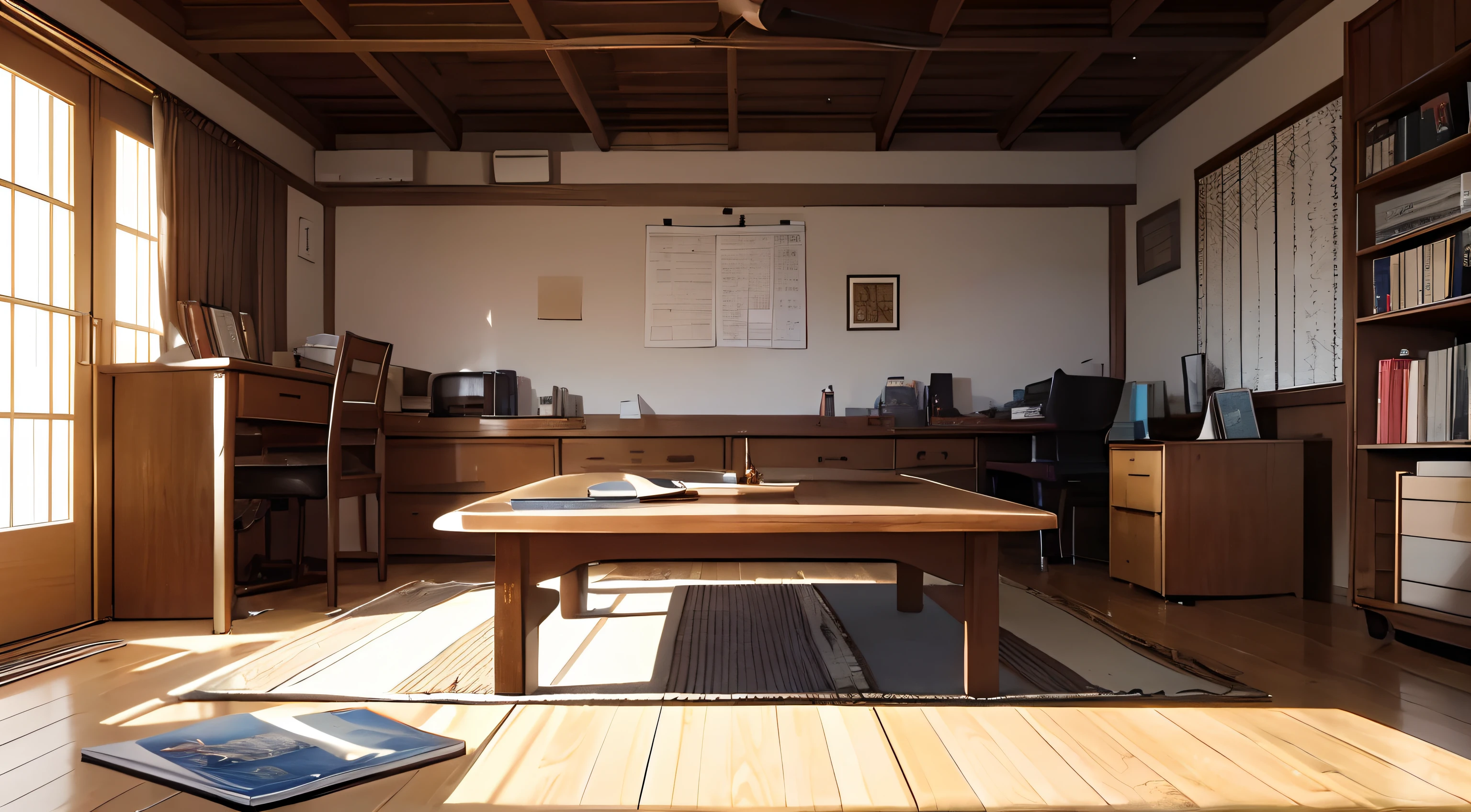 In the center of the room is a low, wooden table with a kotatsu, On top of the kotatsu, you see an open book with handwritten notes, as well as a pencil resting beside it. The book and pencil appear to be well-used, indicating a habit of studying or creative work. The scene is peaceful, with only the slight sounds of your movements in the room. There is something inviting about the atmosphere, as if the room were a safe space for studying or creative work.