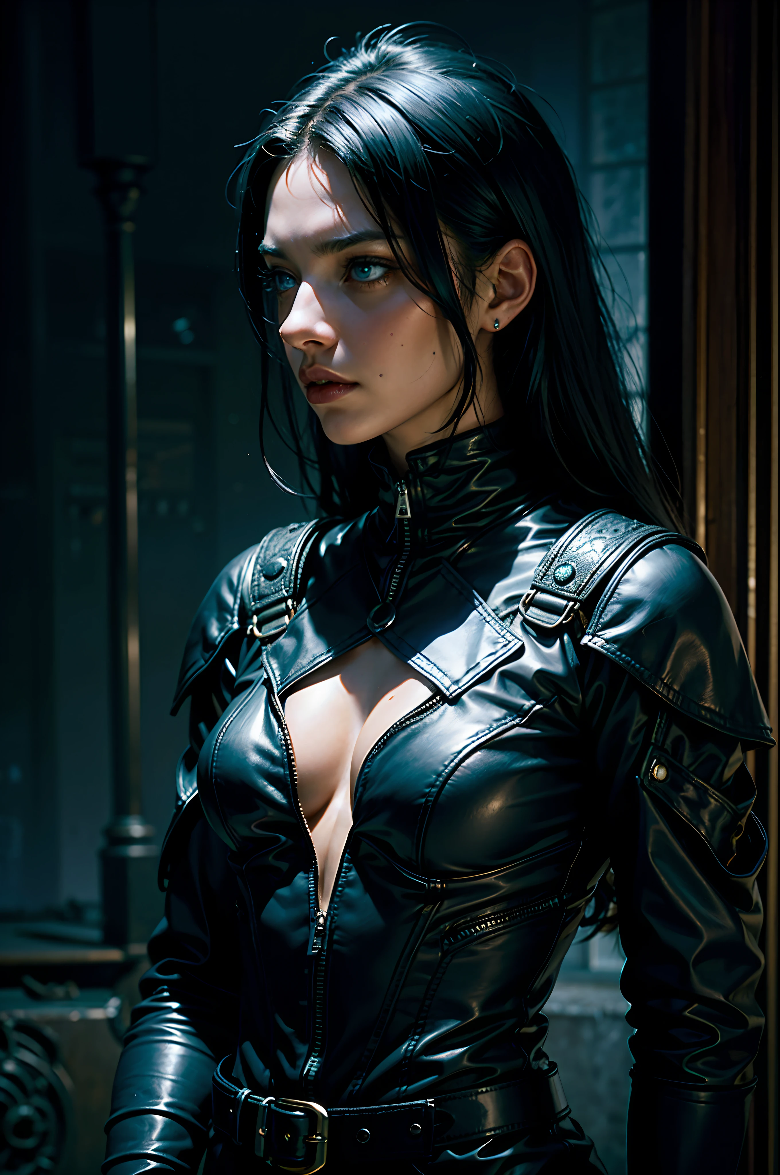 woman, black hair, blue eyes, fair skin, dark, mysterious, serious, dark leather, black leather, indoor, mood is apprehensive, frustrating, ambiguous, inscrutable, eerie night time light, character design, fantasy