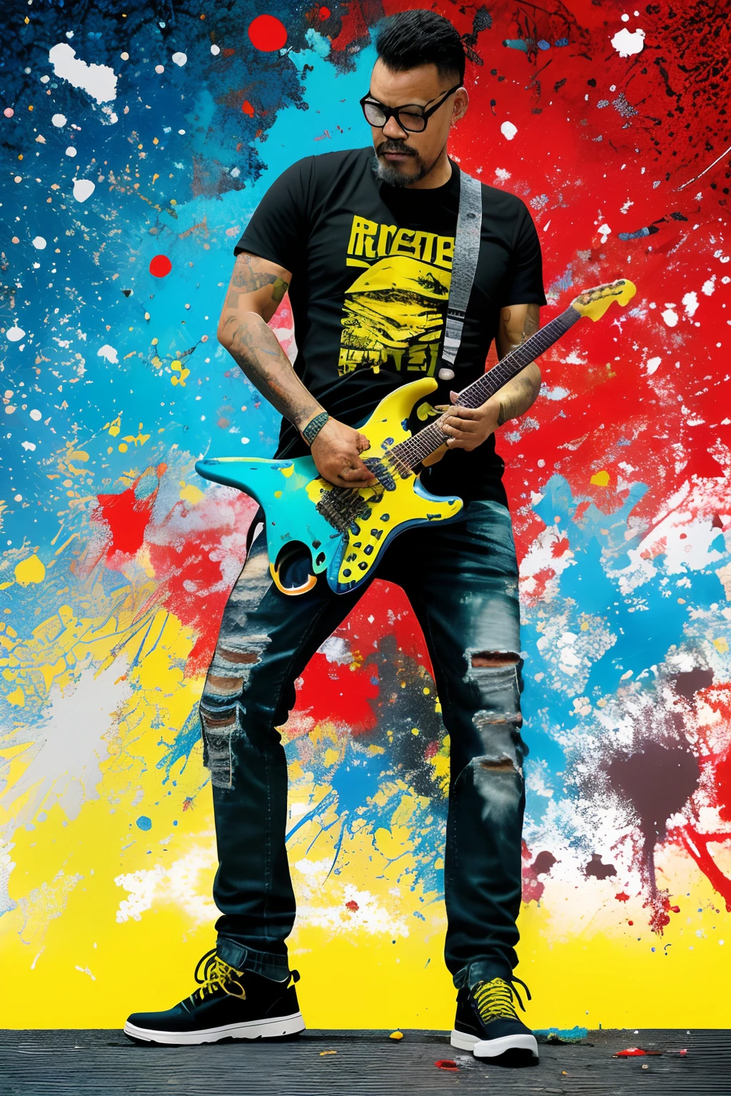 guttojugg1, Imagine a T-shirt print in a colorful splatter paint style featuring a man wearing glasses, a black rock T-shirt, black ripped jeans, and black combat boots, (((playing a Stratocaster guitar))) in a virtuoso pose. This illustration is highly detailed with intricate splashes of red, yellow, black, and blue. The background is white, accentuating the vibrant and expressive design. The T-shirt itself is not included in the scene; only the print is visible.