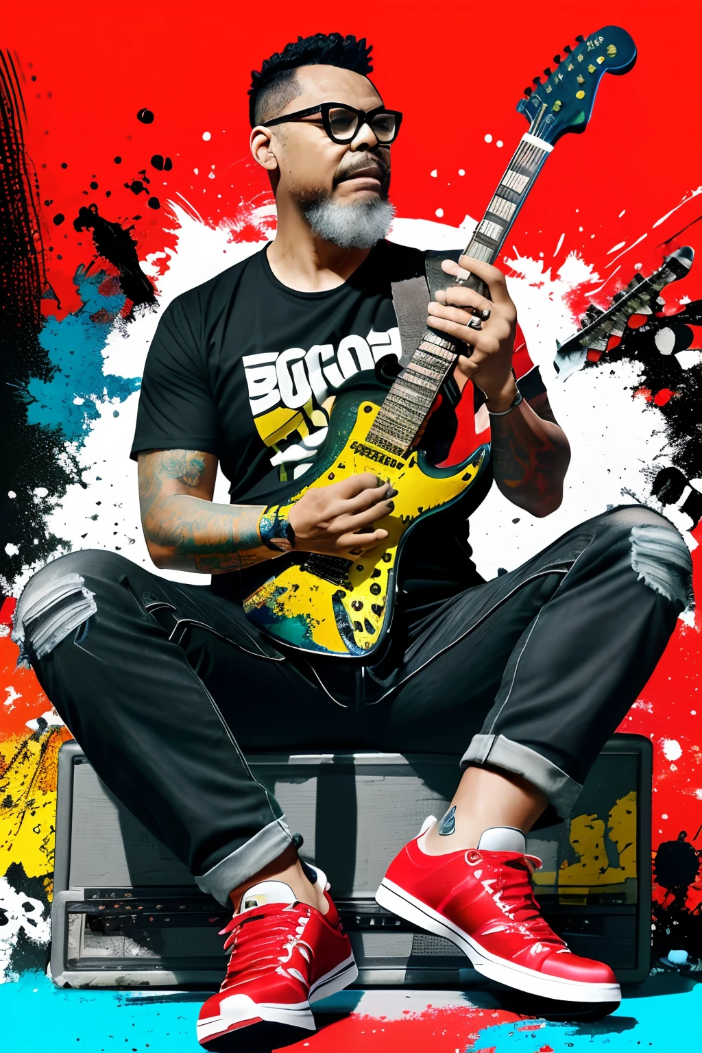 guttojugg1, Imagine a T-shirt print in a colorful splatter paint style featuring a man wearing glasses, a black rock T-shirt, black ripped jeans, and black combat boots, (((playing a Stratocaster guitar))) in a virtuoso pose. This illustration is highly detailed with intricate splashes of red, yellow, black, and blue. The background is white, accentuating the vibrant and expressive design. The T-shirt itself is not included in the scene; only the print is visible.