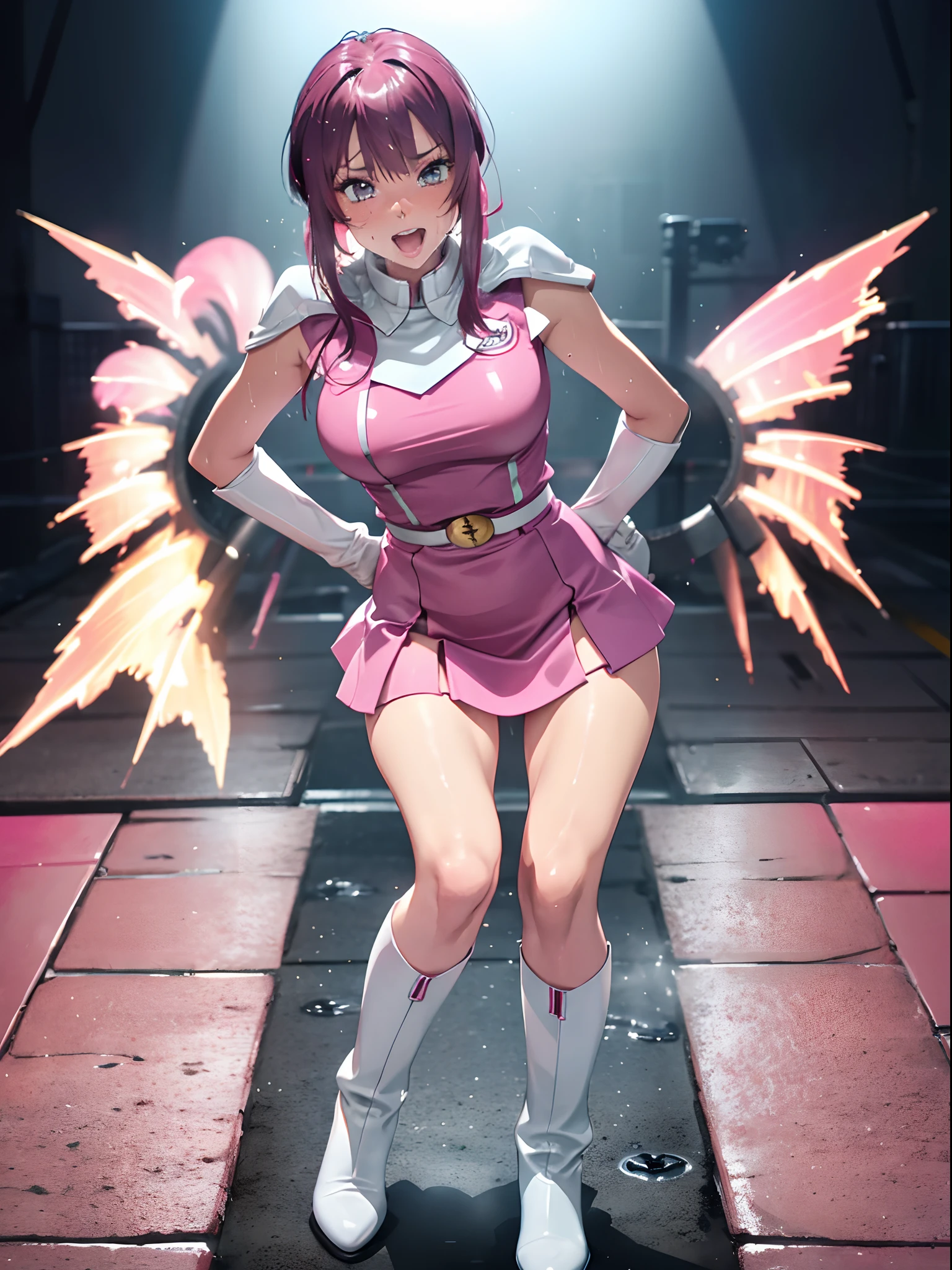 masterpiece, top-quality, hight resolution, 8K, Hi-Res, ultra-detailliert, 1girl in, (Anatomically correct), Full limbs, complete fingers, Enamel pink boots Wrinkled boots Enamel Pink Gloves Enamel pink mini skirt Enamel pink clothes Gold decoration Costumes with fancy decorations justice poneyTail hair adornments An embarrassed smile Open mouth Squinting eyes Jockey Boots Full body painting Put your hand on your crotch Long boots below the knee Raw feet Urination Standing on one knee crouching down full of sweat Bustling street sodden Water dripping from the crotch People around you watching々Crowd of steam Sleeveless Open your crotch Clothes that show the lines of the body soaked clothes