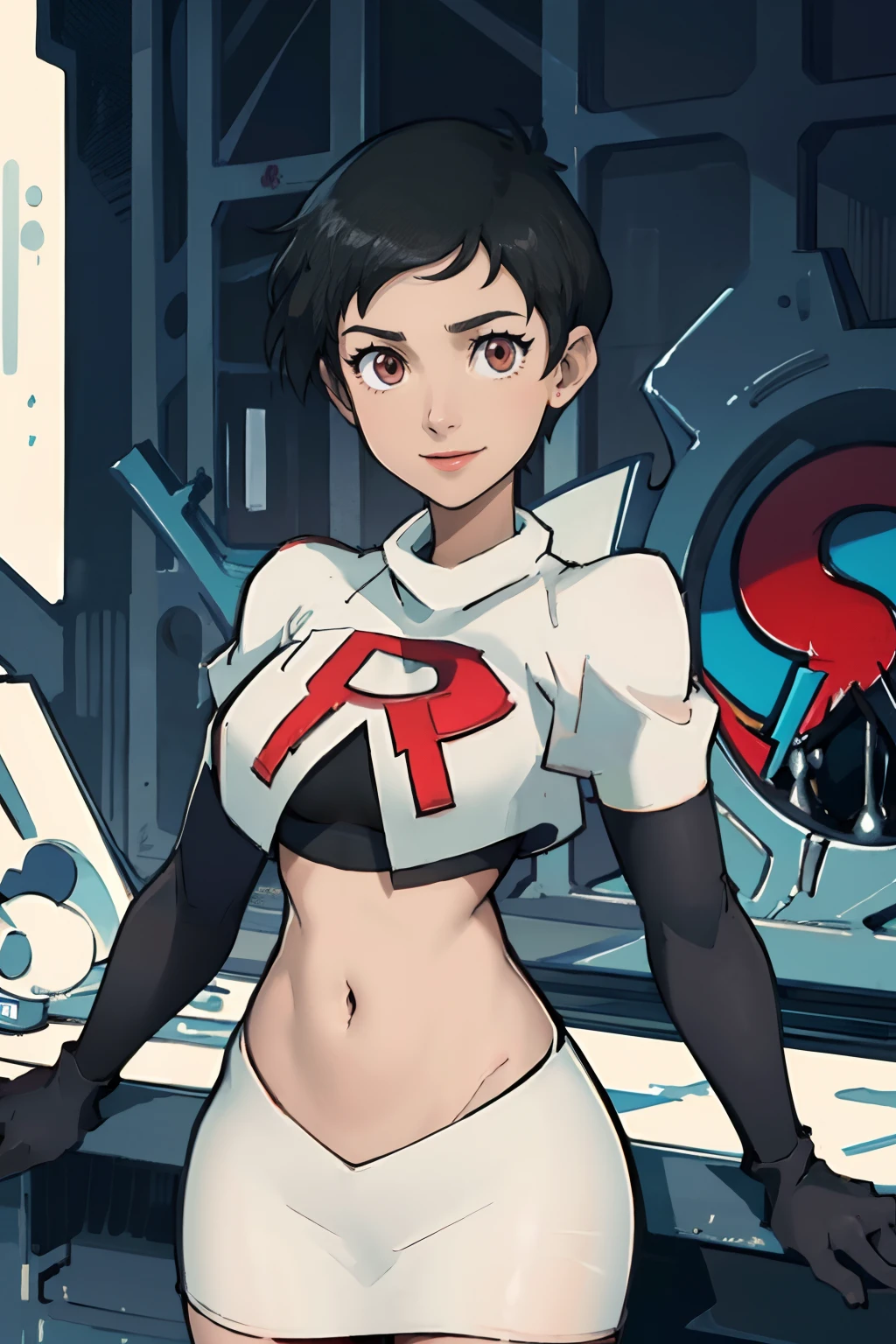 lois lane (my adventures with superman), short hair, brown eyes, black hair, beautiful detailed eyes, team rocket,team rocket uniform, red letter R, white skirt,white crop top,black thigh-highs,black elbow gloves, smile