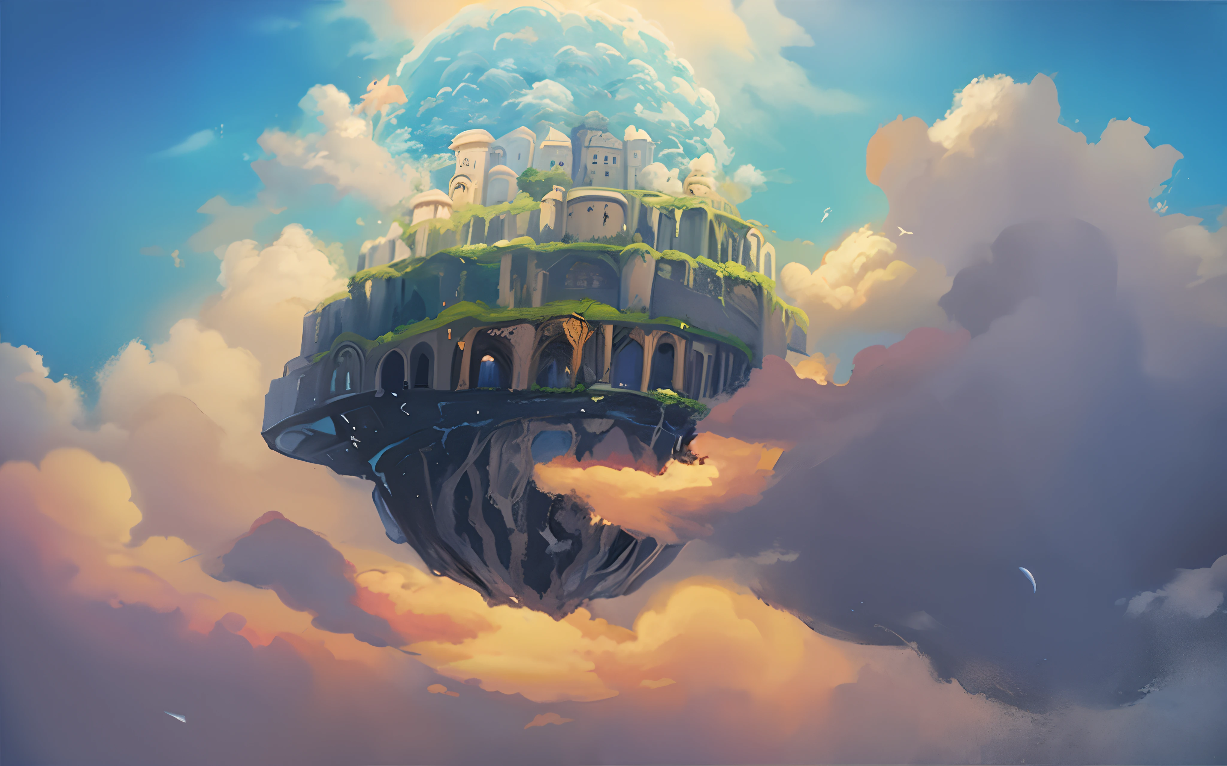 Castle painting in the sky,There is a tree on it, castle in the sky style, Flying Island in the Sky, Floating city in the sky, A floating island in the sky, island floating in the sky, floating and flying island, floating city on clouds, an island floating in the air, Castle in the sky, flying islands, flying cloud castle