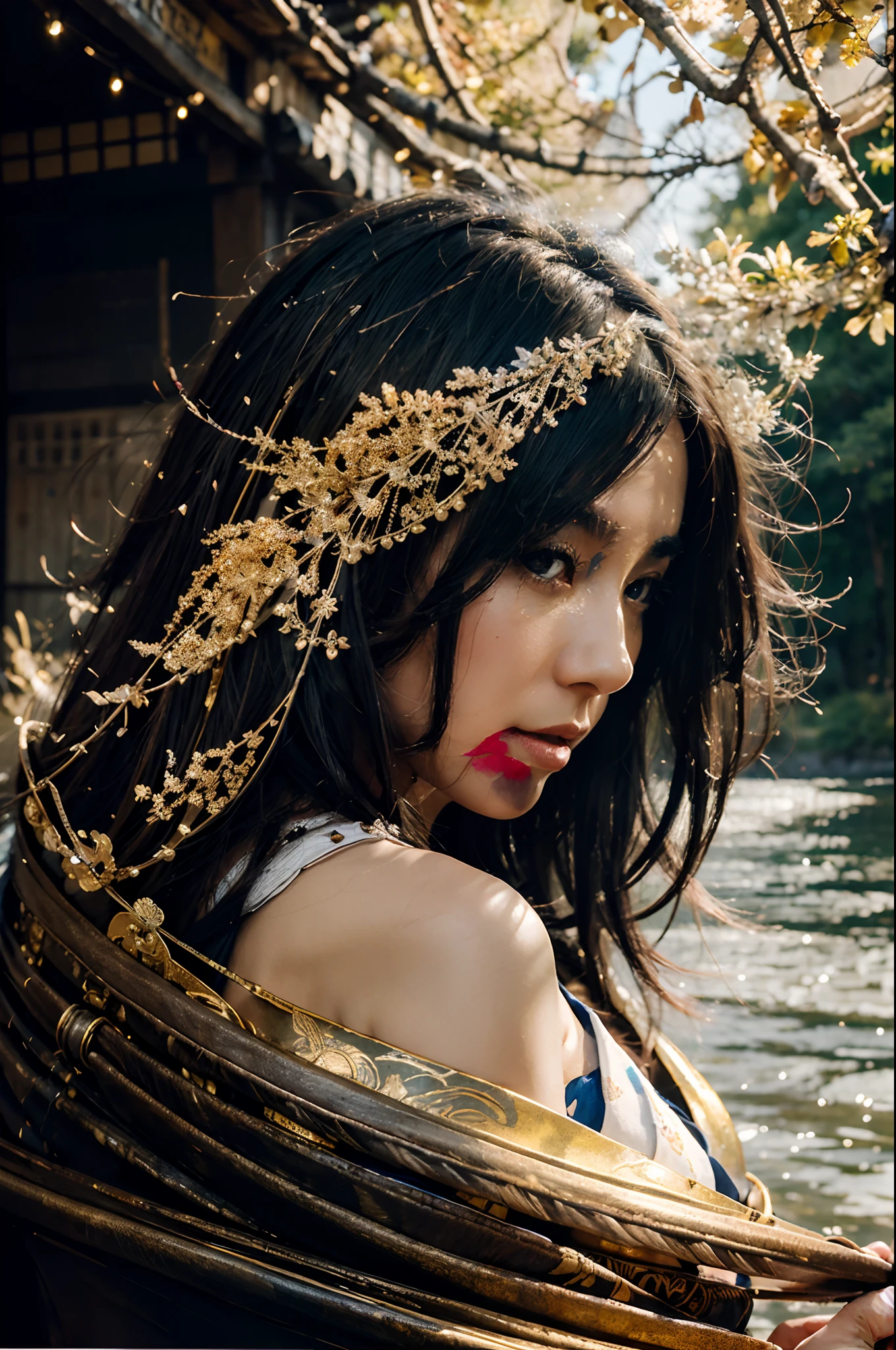 NATURE CITY SYMPATHY RIVER SEA HAND DRAWN SKETCH PAINTING BEAUTIFUL SILVER GOLD AND BLACK PORTRAIT._Young Ancient Japanese Geisha, luminous eyes, Long hair, Very detailed sad face, Intricate kimono, Golden proportions, Light aura, Frosty mist, anime cartoon style, highly detaild, Intricate motifs, Organic Tracery, perfect composition, digital painting, artstation, Concept Art, silky, Sharp focus, Illustration, carne griffiths, Victor shyness, Jean-Baptiste Monge, Pixar, Watercolor style, artwork: Yoji Shinkawa, carne griffiths, Russ Mills, Ink splatters, Ink Brush Painting, calligraphy, ink wash, stains: (Best Quality)), intriciate detail,