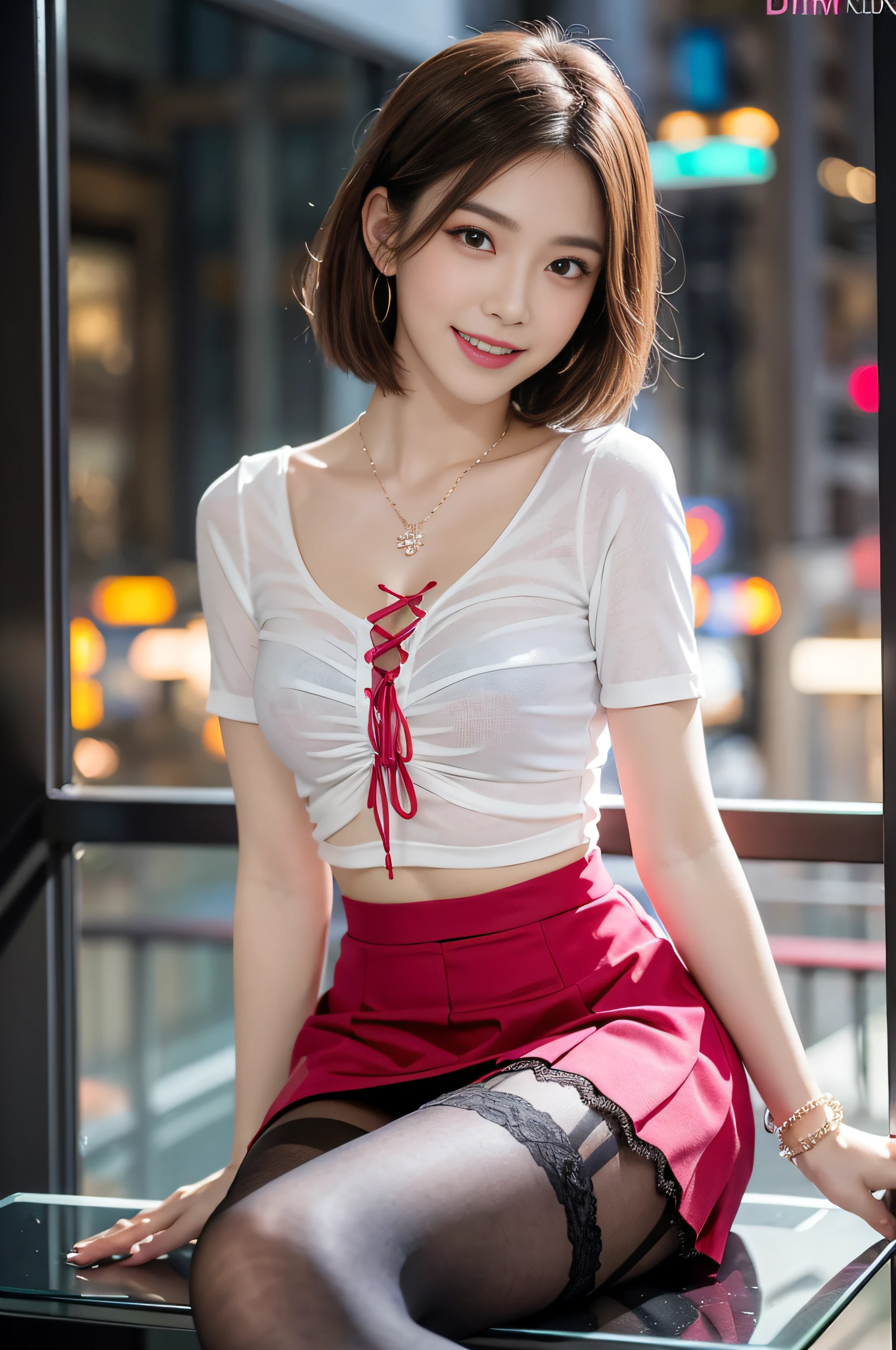 8K, masutepiece, Raw photo, Best Quality, Photorealistic, Highly detailed CG Unity 8K wallpaper, depth of fields, Cinematic Light, Lens Flare, Ray tracing, (Extremely beautiful face, Beautiful lips, Beautiful eyes), intricate detail face, ((Ultra detailed skin)) 1girl in, In the Dark, deepshadow, cute asian girl, Idol, 1 girl, (Very slim and slender fit muscular body:1.3), ((Looking at Viewer)),(Big smile:1.3), (Tight lace blouse), ((Hot Pink Color Blouse)), (Short sleeve) , (City Night, a dark night, (Neon sign), (Blurred background), dim lights, Cityscape, teto, Beautiful earrings, Bracelets, Necklace, pantyhose, Clear eyes, (pale skin), (Big eyes), Face forward, ((upperbody shot)), (Silk Red Color Skirt), (Brown hairs),((Lace skirt)), (Looking at Viewer:1.3), opened breast, (Very slim), medium breasts,((Laced ups and downs)), updo hair, Mini skirt, Short hair, sit, high-heels, laced stockings, Full Shot