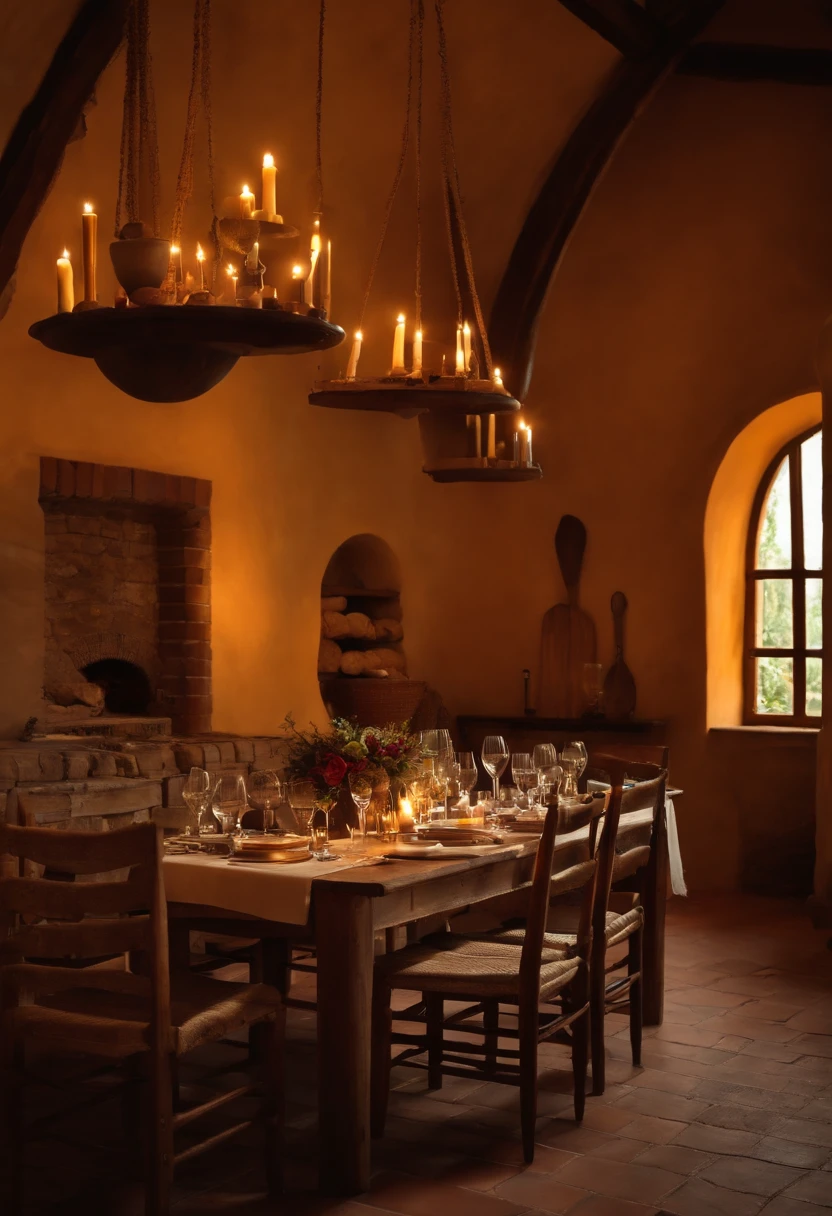 Italian winery, Rustic table, Free space in the middle, copos, velas e lareira ao fundo, Gluing Utensils. Italy