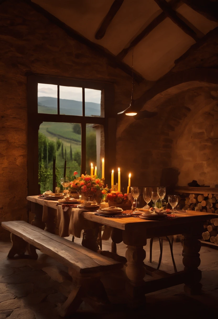 Italian winery, Rustic table, Free space in the middle, copos, velas e lareira ao fundo, Gluing Utensils. Italy