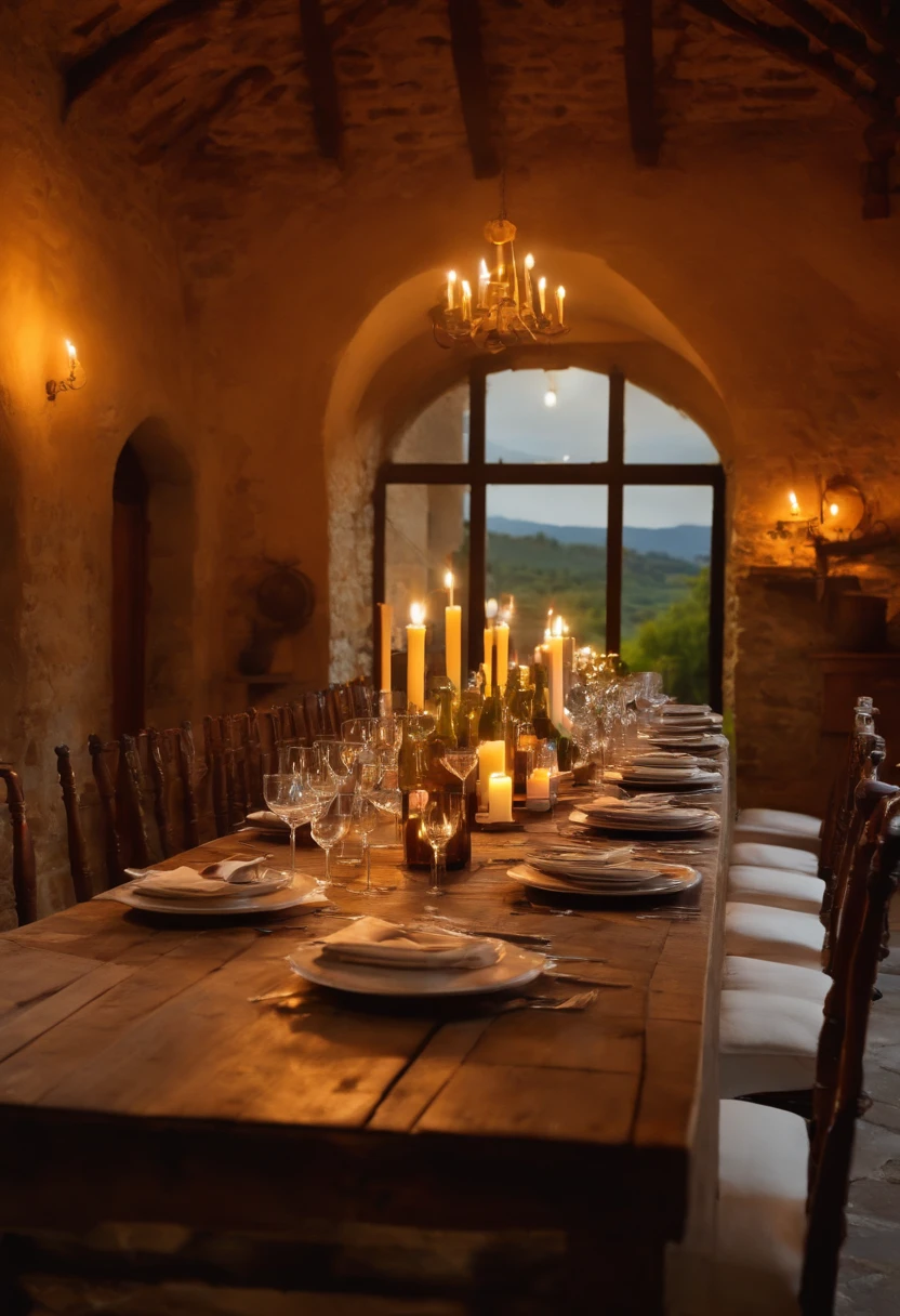 Italian winery, Rustic table, Free space in the middle, copos, velas e lareira ao fundo, Gluing Utensils. Italy