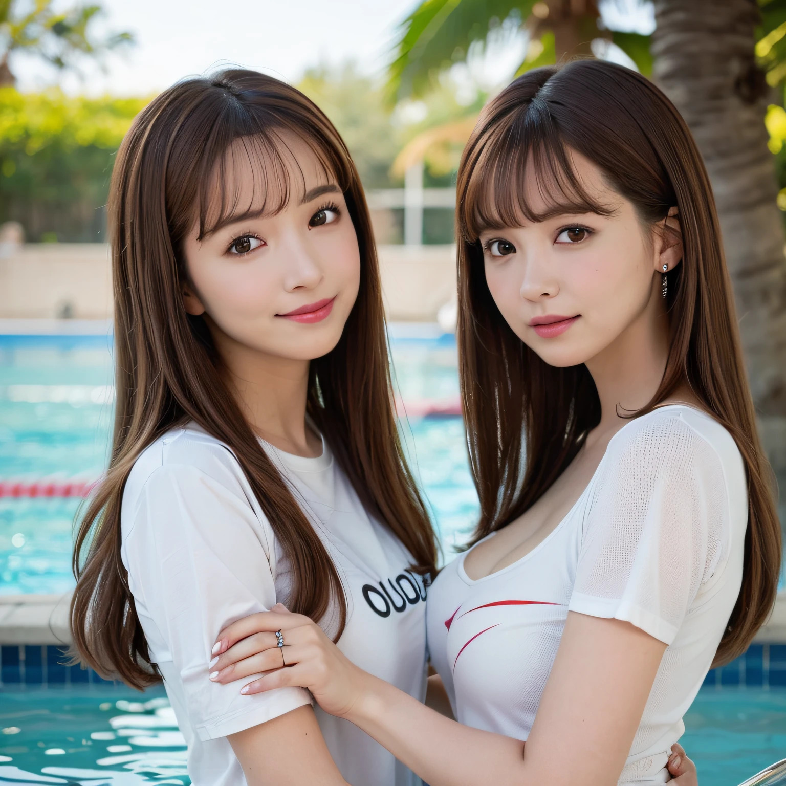 pureerosface_v1, top-quality, Photorealsitic, 8K, hight resolution, 2People Girls, femele, (Skindentation), (portlate:0.6), a gorgeous, dynamicposes, ((poolsidebackground:1.6)), coconut tree, ((Medium Size Round Breast, tshirts:1.4)), straight look at viewer:1.8, (1 Girl's eyes looking at the viewer, medium lenght hair, brown haired, Putted Bangs:1.65), (bokeh dof), (Keep your mouth shut:1.46),