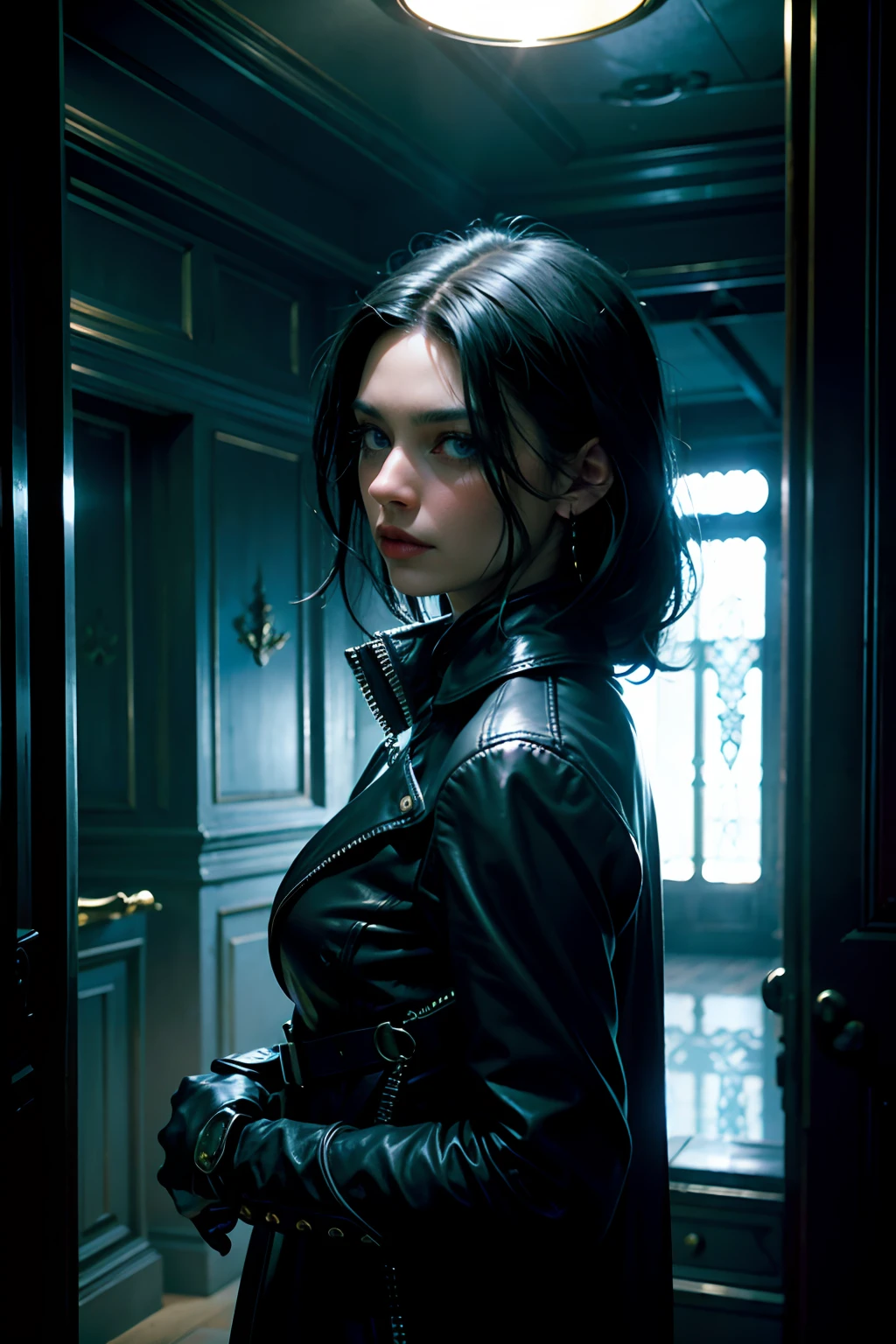 woman, black hair, blue eyes, fair skin, dark, mysterious, serious, dark leather, black leather, indoor, mood is apprehensive, frustrating, ambiguous, inscrutable, eerie night time light, character design, fantasy