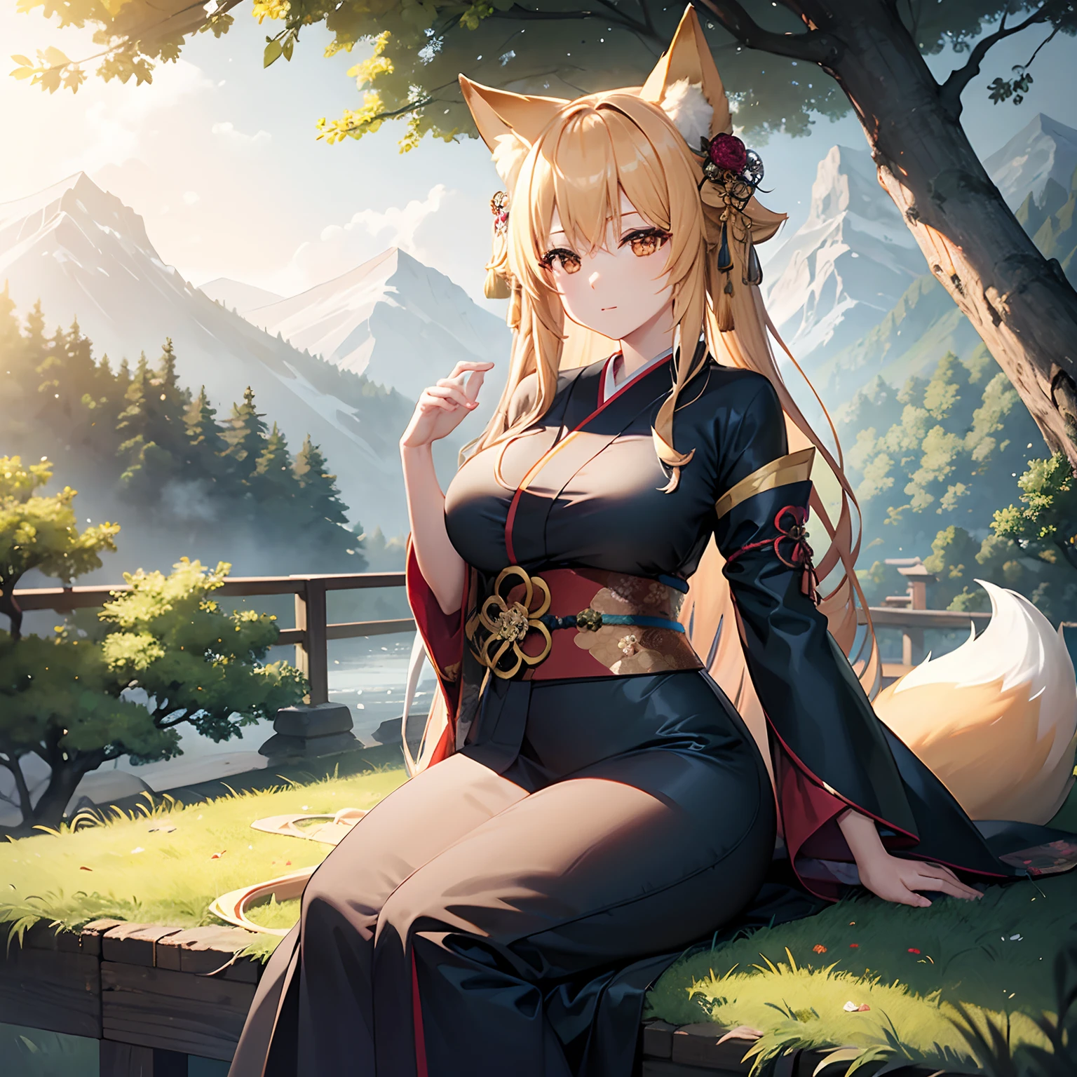 (Cuddled with a big wolf: 1.5), ((Forest)), (Best quality, photorealistic, ultra-realistic, ultra-detailed illustrations, ultra-high resolution, highly detailed, realistic background, detailed background, large_filesize: 1.2),
break,
(Beautiful wolf tribe girl, wolf ears, ((colorful hair,
Retro, detailed painting, official art, sense of depth, (wide shot: 1.05), clear outline, natural gradation effect, depth correction
