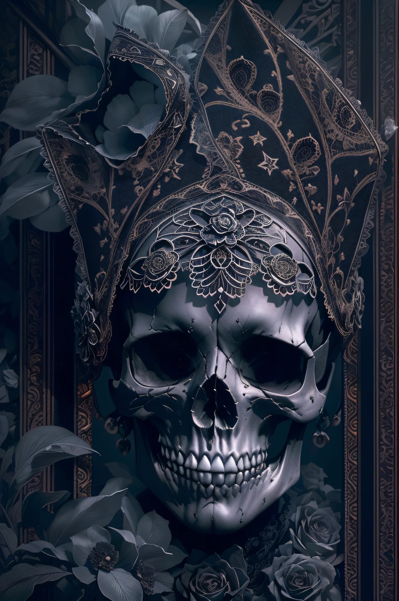 (Close-up of the skull),intricate lace headdress,Black roses,Dark romantic atmosphere,Gothic retro romance,Vivid colors,Hazy mist,Moonshine settings,an enchanted forest,Mysterious charm,Long flowing veil,Twinkling stars in the background,Ethereal light all around,Gloomy and charming atmosphere。((Best quality,4K,8K,A high resolution,Masterpiece:1.2)),((super ultra detail)),((Realistic,Photorealistic,photo-realistic:1.37))