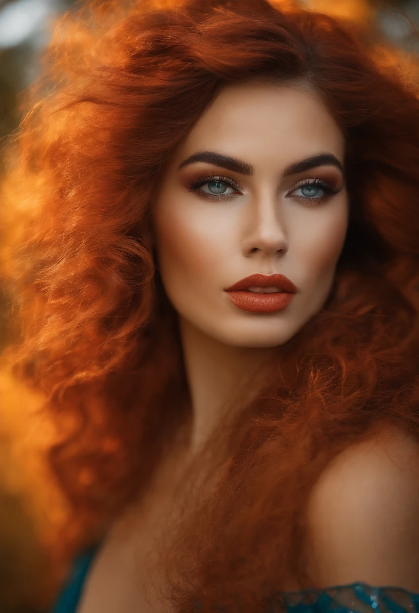 Retrato ,Linda modelo fachion hiperrealismo, em um lugar onde se mistura fantasia e moda , rosto cabelo e look hiper real