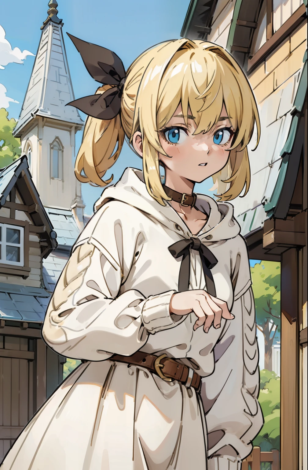 (masterpiece, best quality, ultra-detailed, illustration), beautiful face, blonde hair, perfect body, 1girl in, solo, hoodies in sweater, hair ribbon, camisoles and dress and belts, straps, village, old houses, outdoors, folk, legends, collar