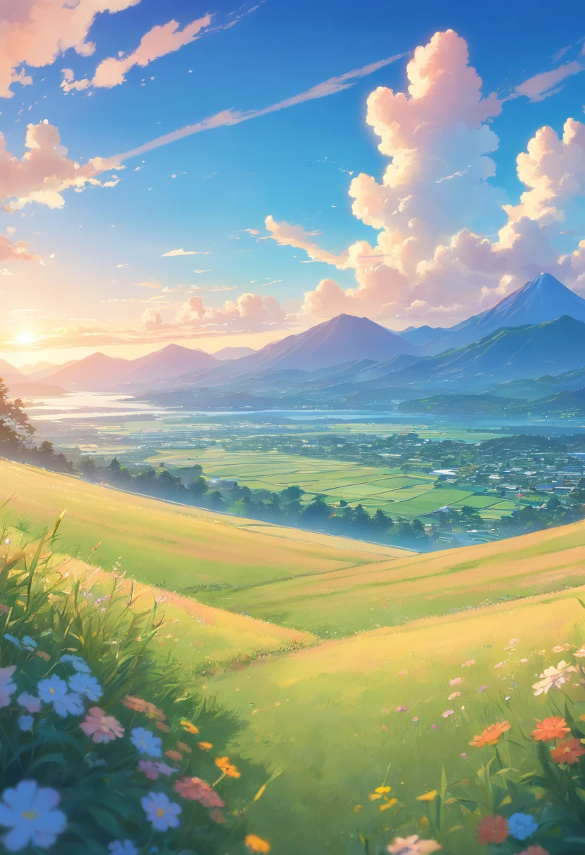 夏天,grassy fields,Hundreds of small flowers,clear lakes,large clouds,blue-sky,scorching weather,high definition detail,hyper-detailing,,the soft light,Deep field focus bokeh,The vista in the distance is the mountains,Ray tracing and surrealism。 --v6