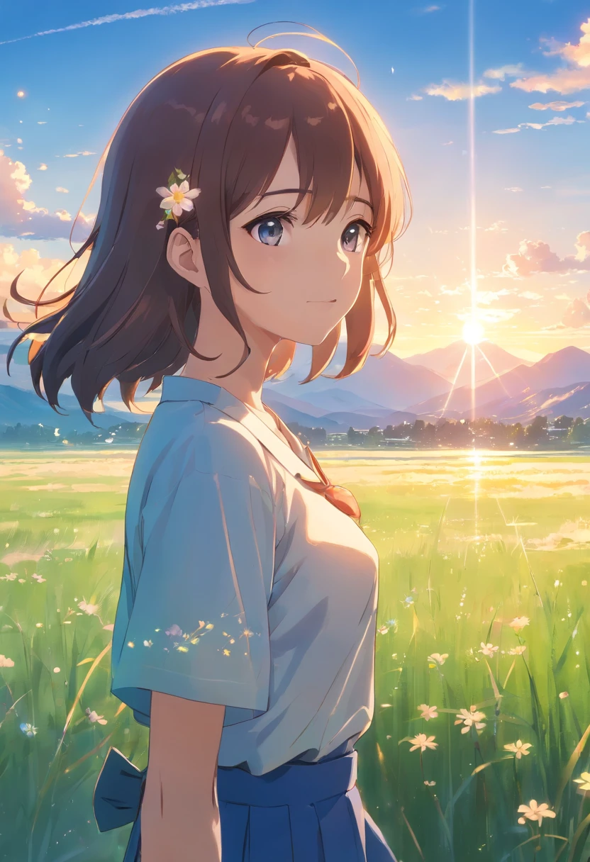 夏天,grassy fields,Hundreds of small flowers,clear lakes,large clouds,blue-sky,scorching weather,high definition detail,hyper-detailing,,the soft light,Deep field focus bokeh,The vista in the distance is the mountains,Ray tracing and surrealism。 --v6