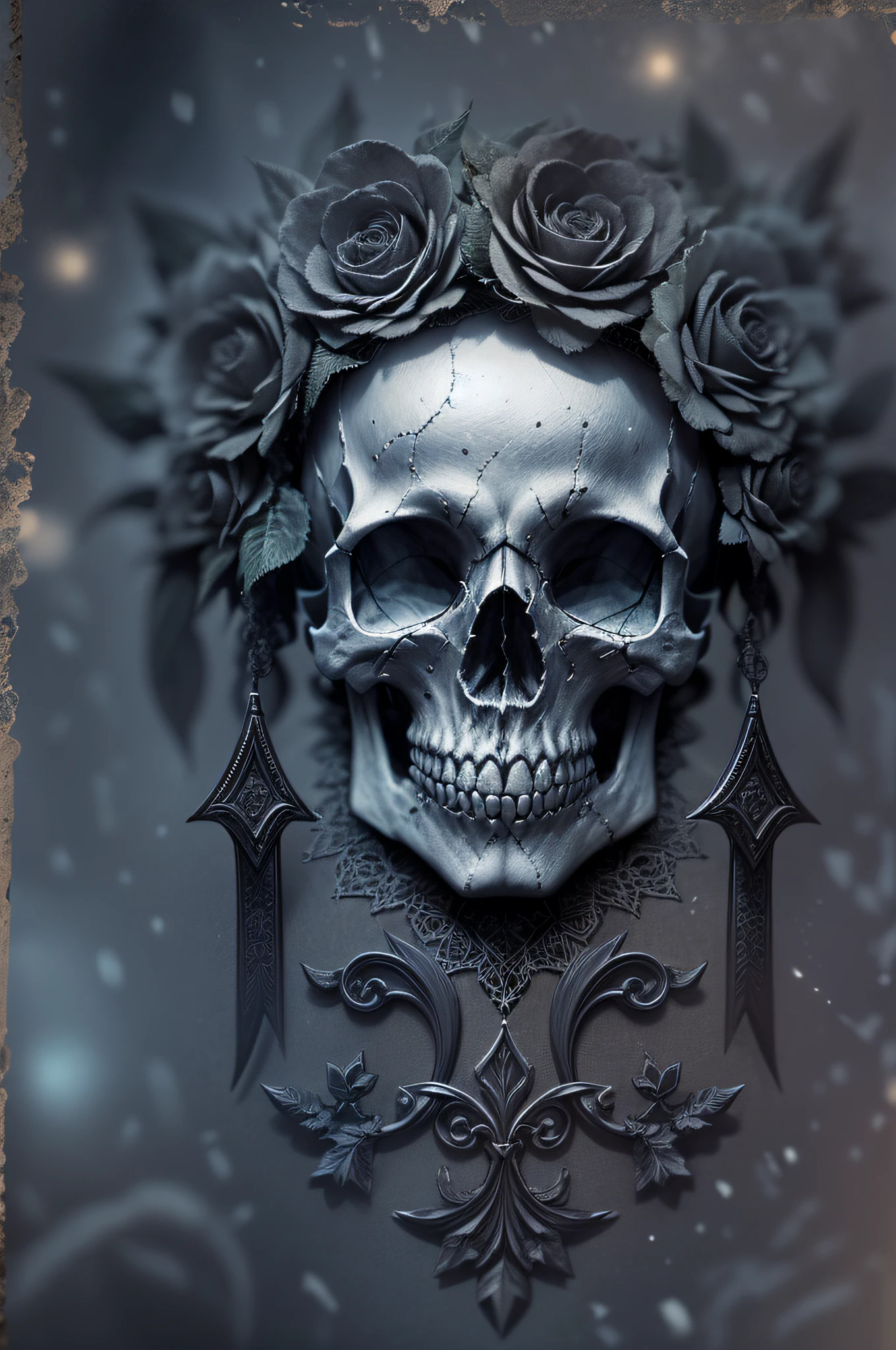 (Close-up of the skull),intricate lace headdress,Black roses,Dark romantic atmosphere,gotik,Vivid colors,Hazy mist,Moonshine settings,Twinkling stars in the background,Ethereal light all around,Gloomy and charming atmosphere。((Best quality,4K,8K,A high resolution,Masterpiece:1.2)),((super ultra detail)),((Realistic,Photorealistic,photo-realistic:1.37))