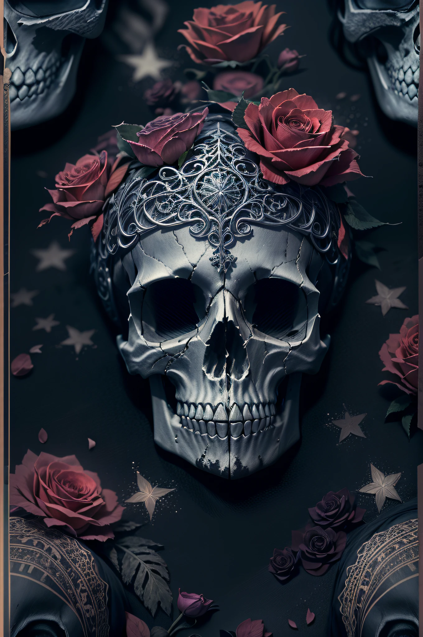 (Close-up of the skull),intricate lace headdress,Black roses,Dark romantic atmosphere,gotik,Vivid colors,Hazy mist,Moonshine settings,Twinkling stars in the background,Ethereal light all around,Gloomy and charming atmosphere。((Best quality,4K,8K,A high resolution,Masterpiece:1.2)),((super ultra detail)),((Realistic,Photorealistic,photo-realistic:1.37))