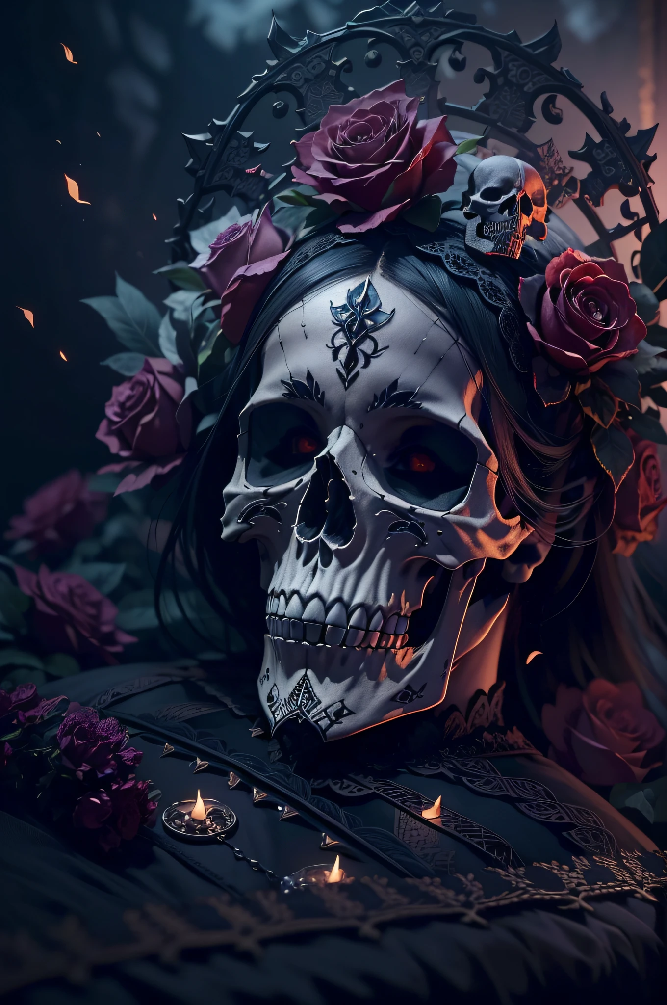 ((best quality)), ((masterpiece)), ((realistic)), A goddess who wears a long crimson robe facing away from the viewer. Behind her back she holds a skeleton arm in her hand. The setting is the high mountain desert, with the safe brush and a clear sky. The theme of the piece is death and rebirth, and the contrast between the divine and the mortal. (flowers and birds:1.3), around the goddess, the (skeleton arm has jewelry:1.2), a sun, a moon, and stars, the Mojave Desert, (beautiful female face:1.7), royal aura, trend on artstation , sharp focus, studio photo, intricate detail, very detailed, detailed eye, illustration, very detailed, sharp focus, digital render, professional, 4k