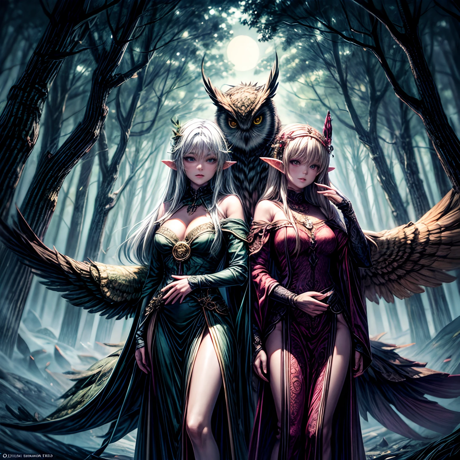 forest at night、Elven sage with owl on outstretched arm stands, giga_busty