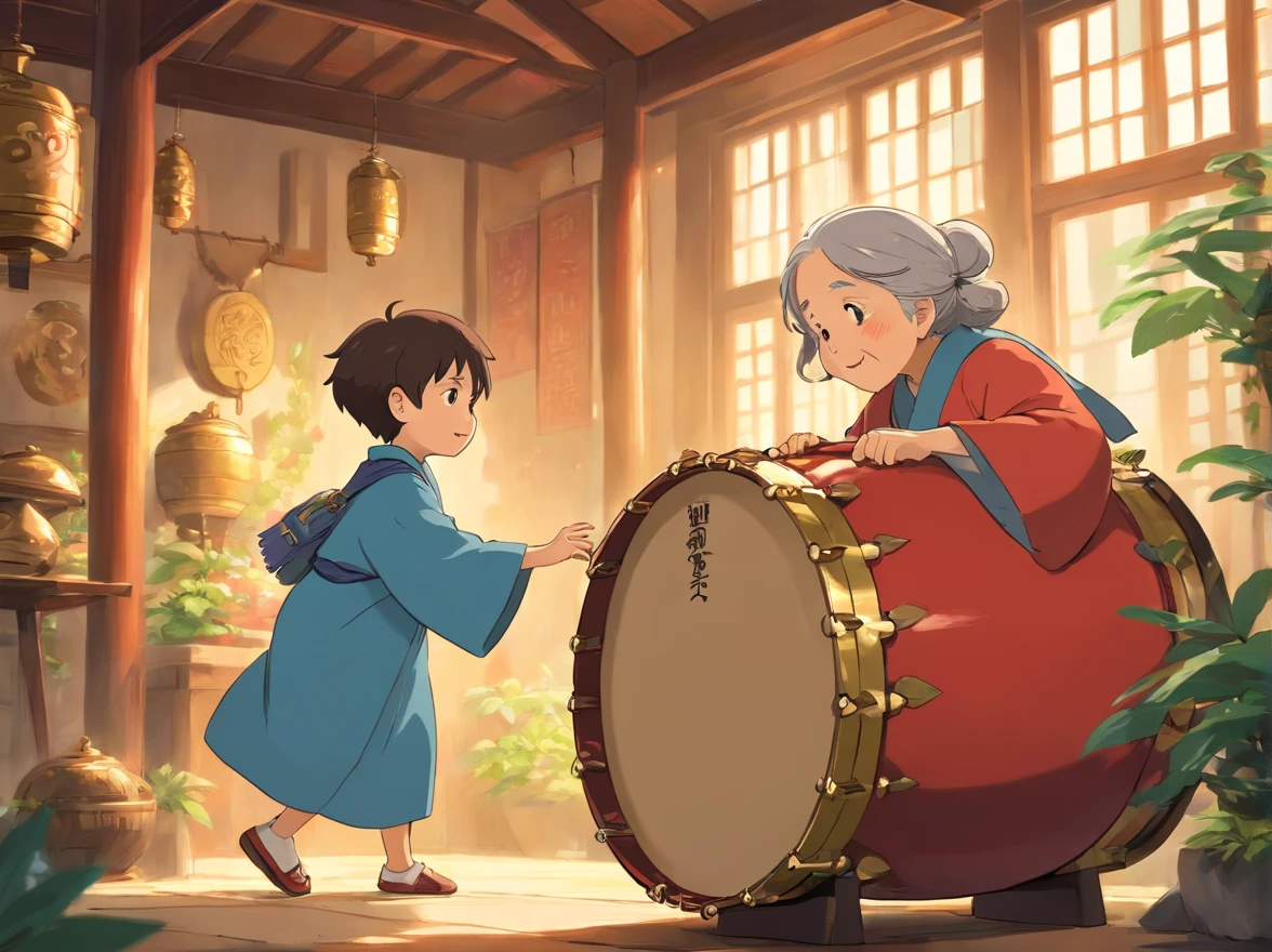 The little boy met a gentle and kind Zhuang grandmother，Ask her about the importance of beating the brass drum。