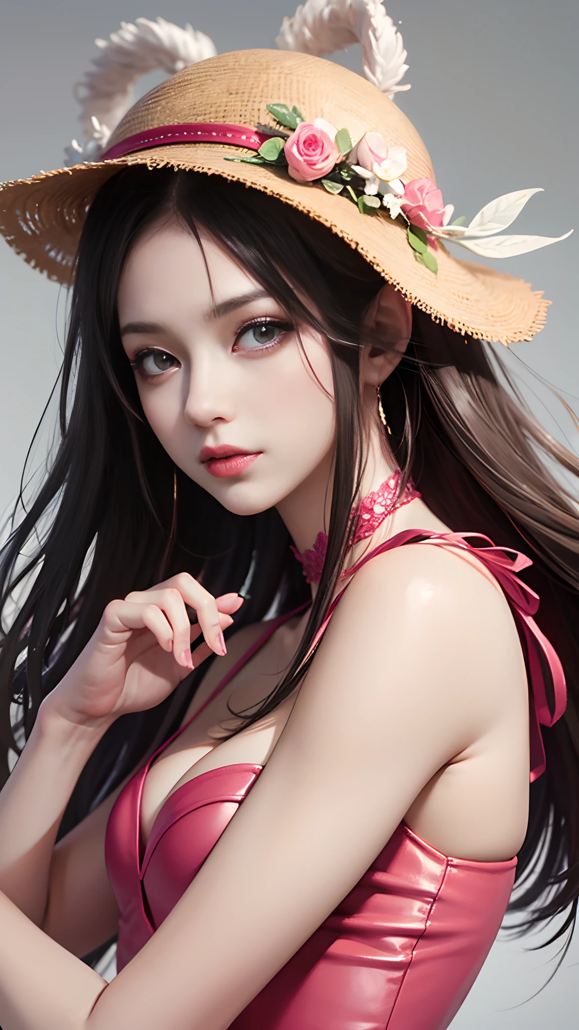 Drawing a woman with long hair and a feather hat, detailed portrait of anime girl, portrait anime girl, Artgerm. High detail, stunning anime face portrait, small breasts, digital anime art, art germ. Anime illustration, detailed digital anime art, anime girl portrait, pink dress, realistic digital art 4k, realistic digital art 4k, realistic, aesthetic, attractive poses,