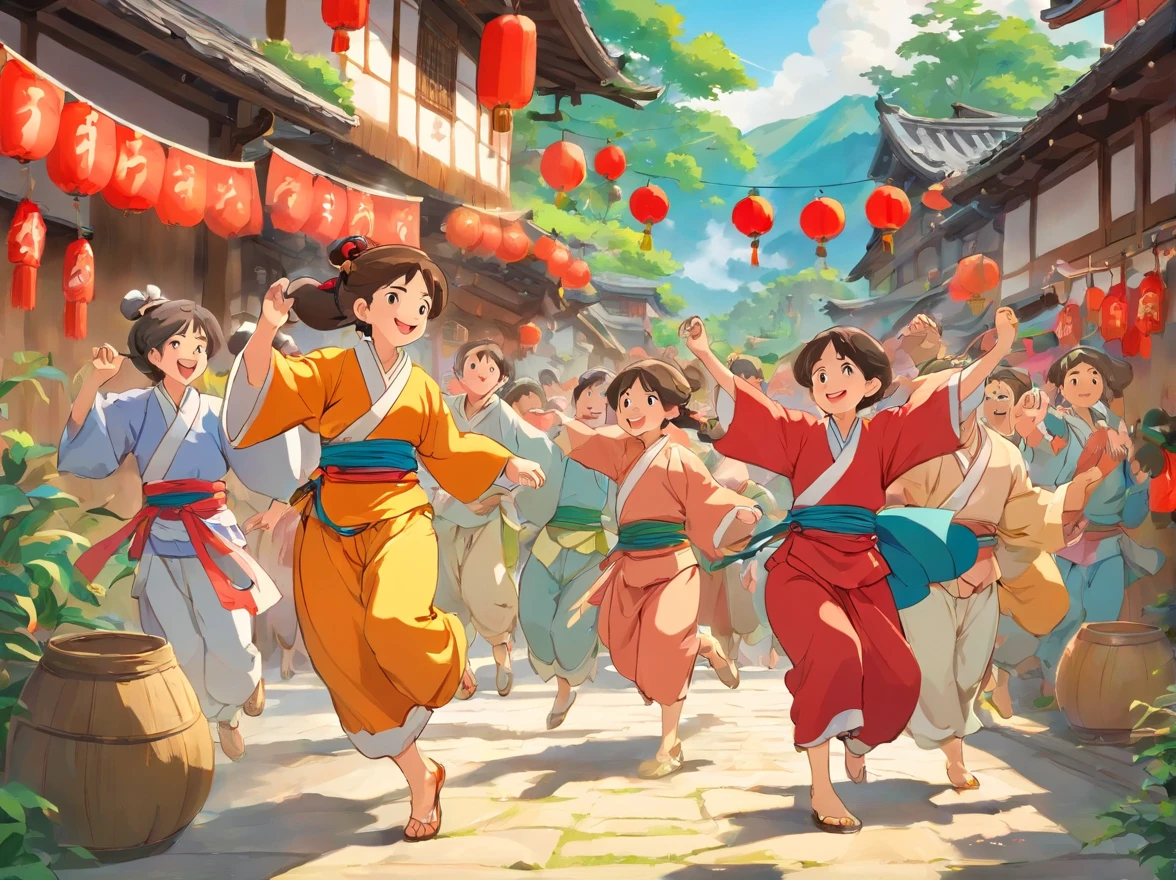 The village festival is held again。Villagers dressed in Zhuang costumes gathered together,Dance,Laughter and blessings filled the village