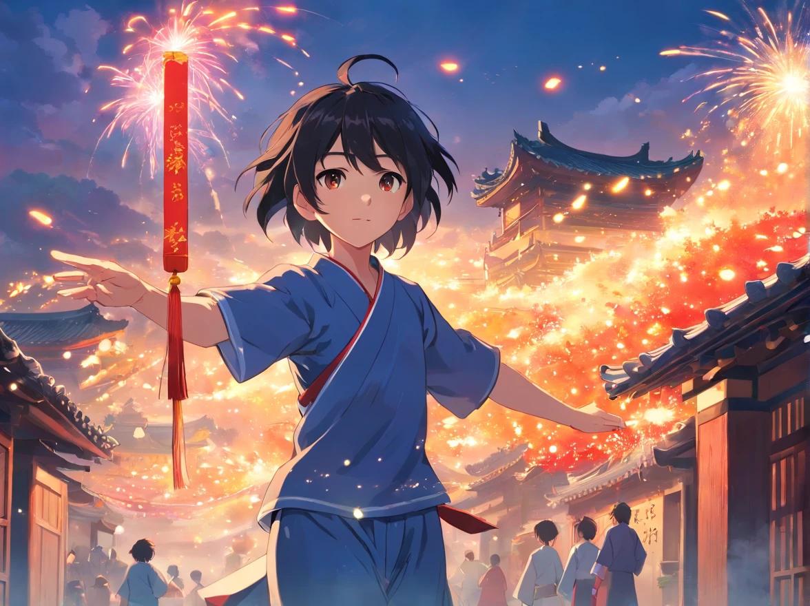 Picture book characters、The weather in China is sunny,This place is a Zhuang village、Playing、Bright atmosphere、Handsome Zhuang boy with black hair、With a red firecracker、dressed in:Zhuang costumes