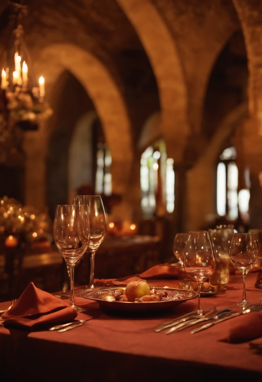 Italian winery, Rustic table, Free space in the middle, copos, velas e lareira ao fundo, Gluing Utensils. Italy