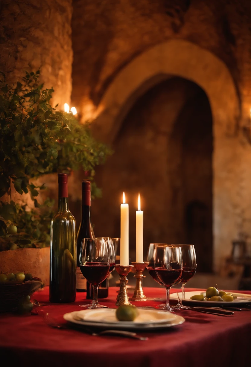 Italian winery, Rustic table, Free space in the middle, copos, velas e lareira ao fundo, Gluing Utensils. Italy