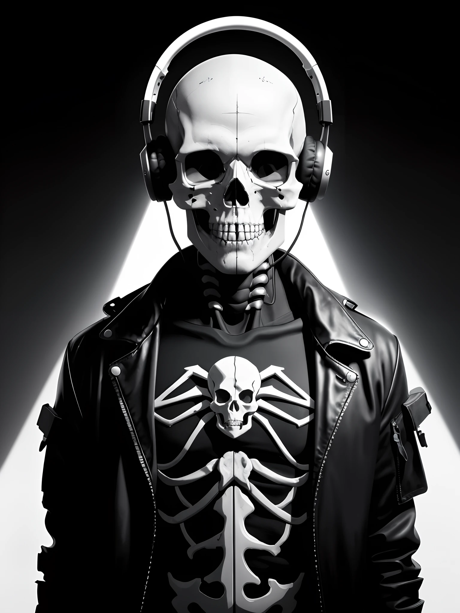art, headphones, man, skull, bones, minimalism, no hair, headphones, letterboxed, skull, solo, 1boy, male focus, skeleton, white background, simple background, jacket, upper body, monochrome，Slimy oil ball invasion footage，Light and rays flash through the picture，Section blueprints，