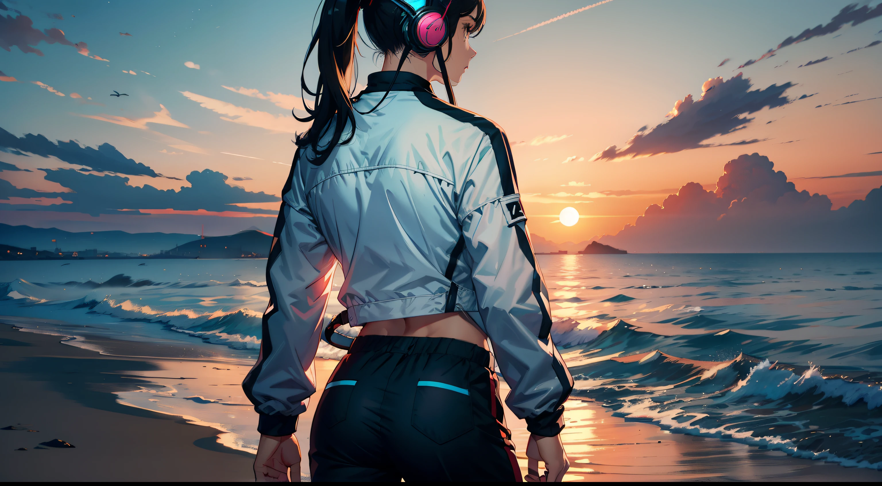 Manteau,Athletic trousers,headset on head,Long ponytail,back to look back,Back shadow,the setting sun