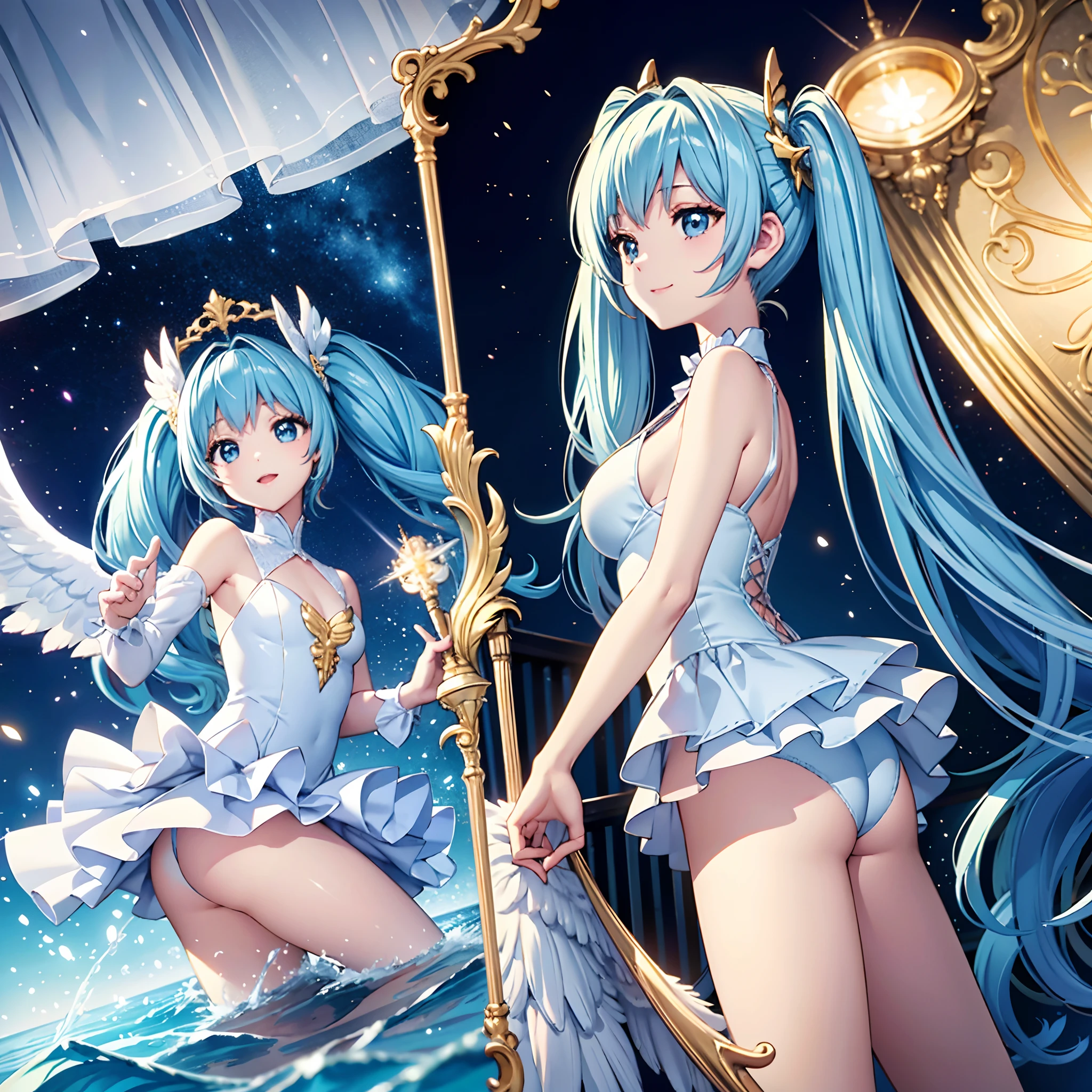 Angel wings shining in seven colors、Kawaii Girl、adorable smiling、Twin tails with long light blue hair、Yellow and white angel leotard、((top-quality))、((masterpiece))、(ighly detailed、highestdetailed、Official art、Beautifully Aesthetic:1.2)