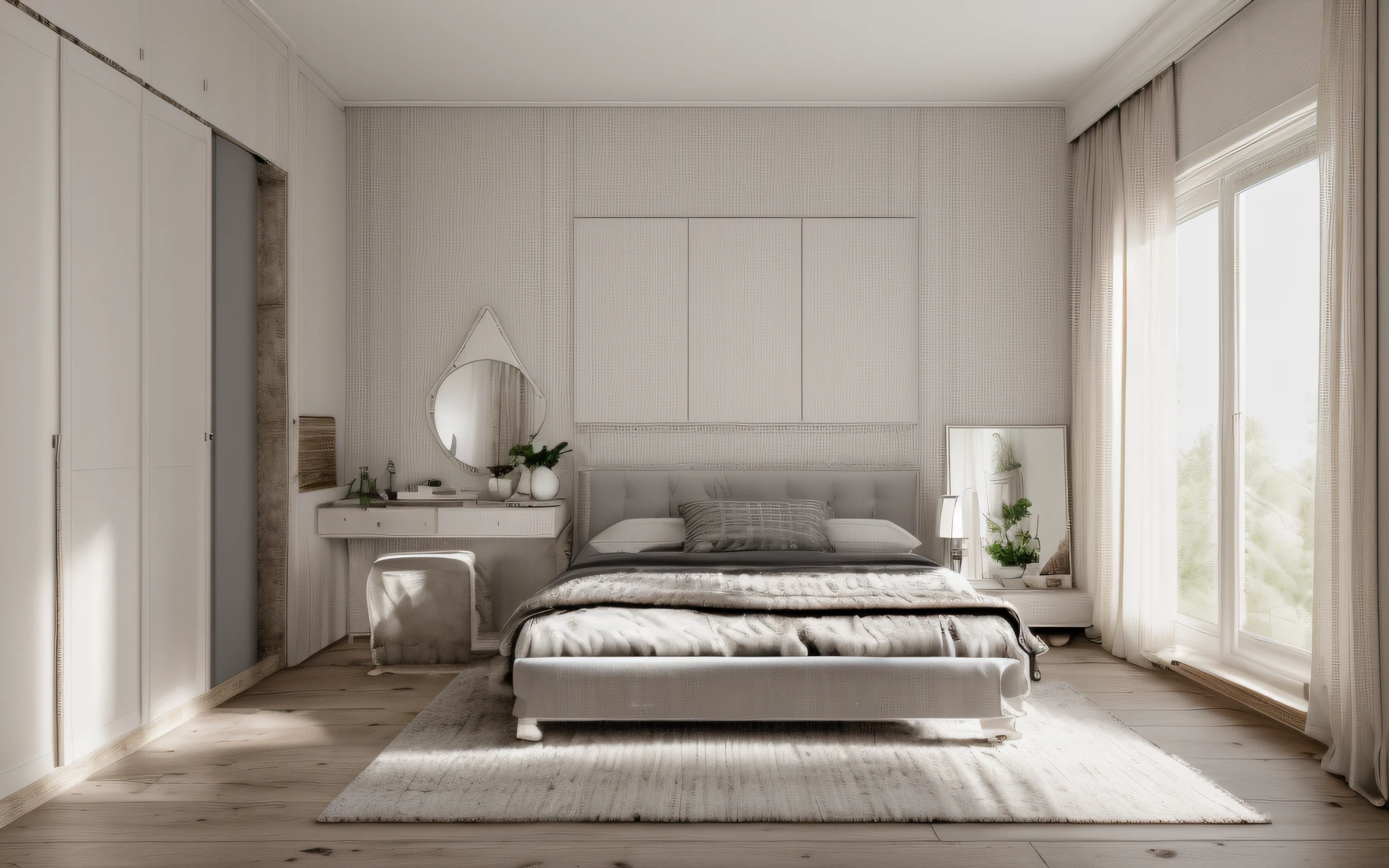 bedroom, ((neoclassic style)), wooden floor, carpet, laminate wardrobe, dressing table, bed, white and gray colors, windows, (nature light), utral realistic, render 8k, rawphoto
