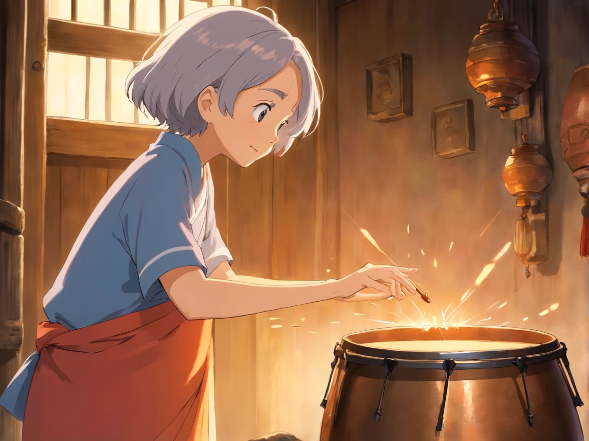 The little boy talks to the grandmother face to face，The grandmother's hand stroked the elderly copper drum。