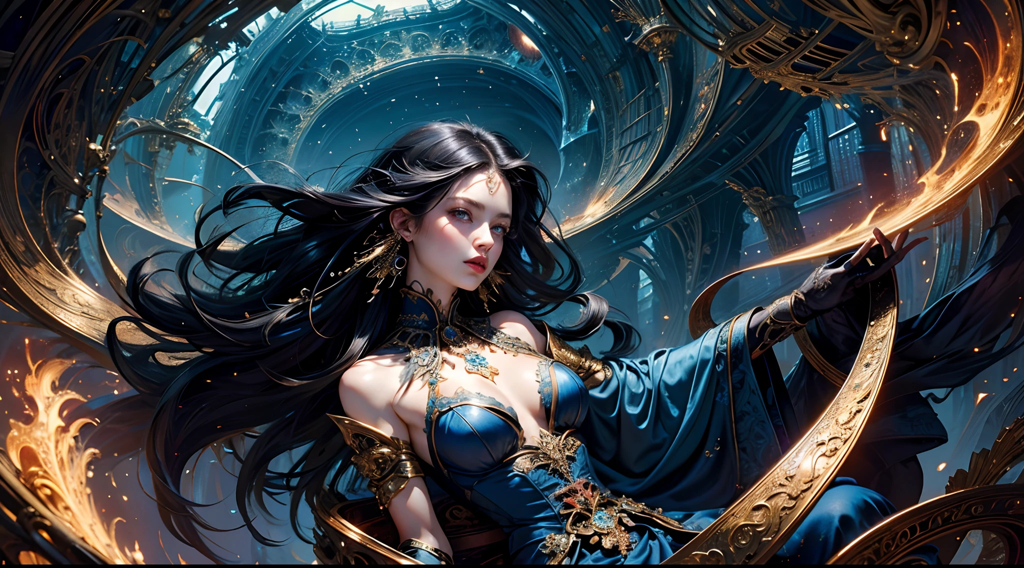 (masterpiece, top quality, best quality, official art, beautiful and aesthetic:1.2), (1girl), extreme detailed,(fractal art:1.3), highest detailed, black hair, blue eyes, pale skin, silk dress, jewelry