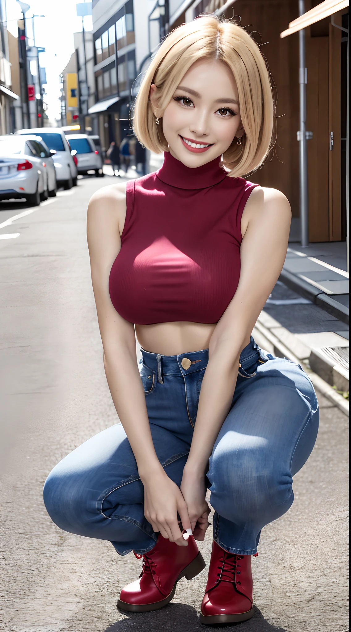 8K, 超A high resolution, Best Quality, masutepiece、超A high resolution、top-quality、 (quite massive chest、Pretty big breasts、legs open quite large and directly to the side、Squat with knees bent to the side:1.4)(Red Sleeveless Turtleneck、Blue denim、Beautiful Japan Woman、(Blonde Short Bob)Super cute、Cute smile:1.25)(in a street)Combat boots