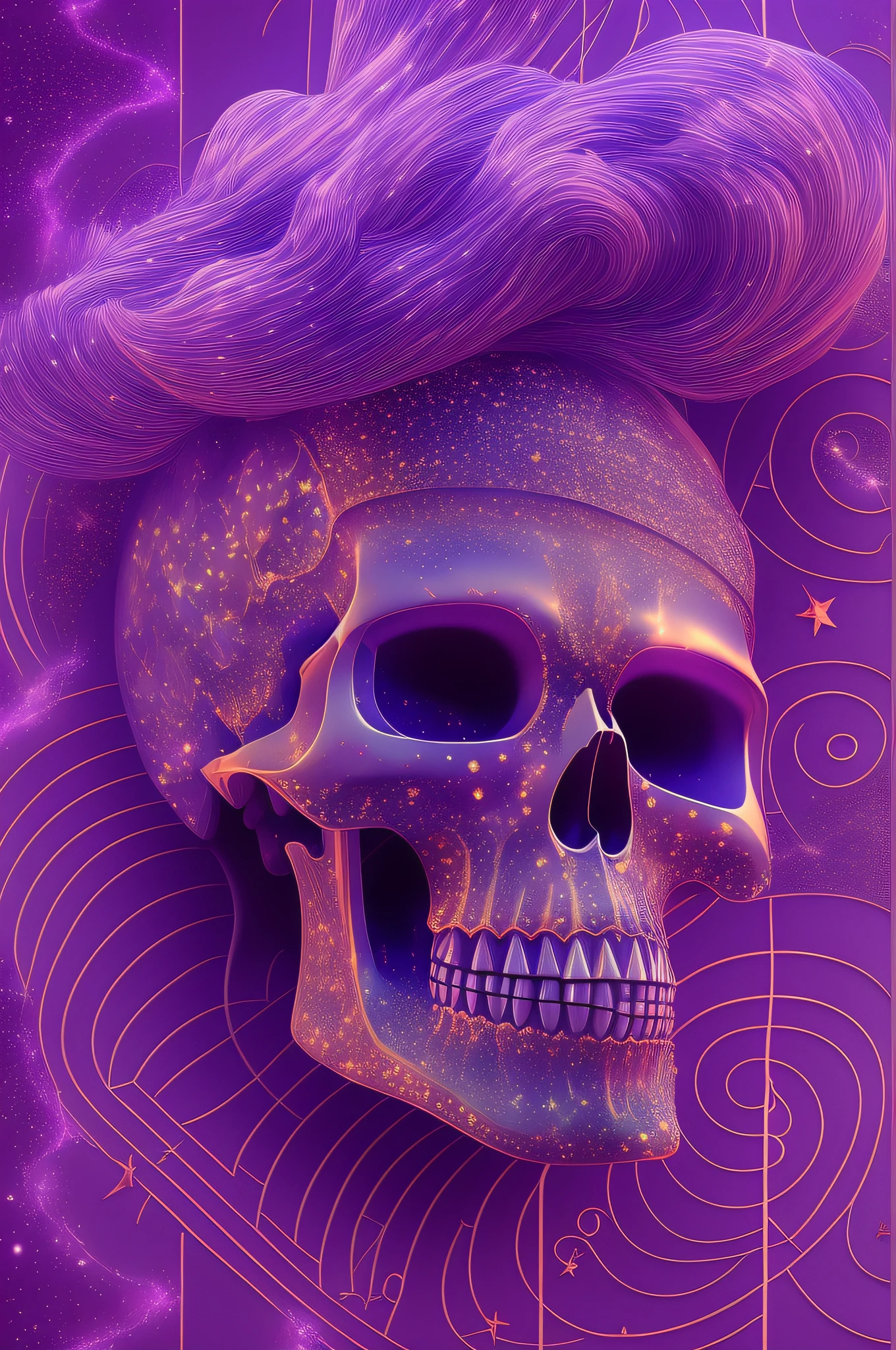 galaxias, spirals, space, Starcloud, stars, Smoke, glitters, intricately details, The shape of a punk skull, full bodyesbian ,rendering by octane, Ultra photo realsisim , rendering by octane, 8K, uplit ,Purple dream art