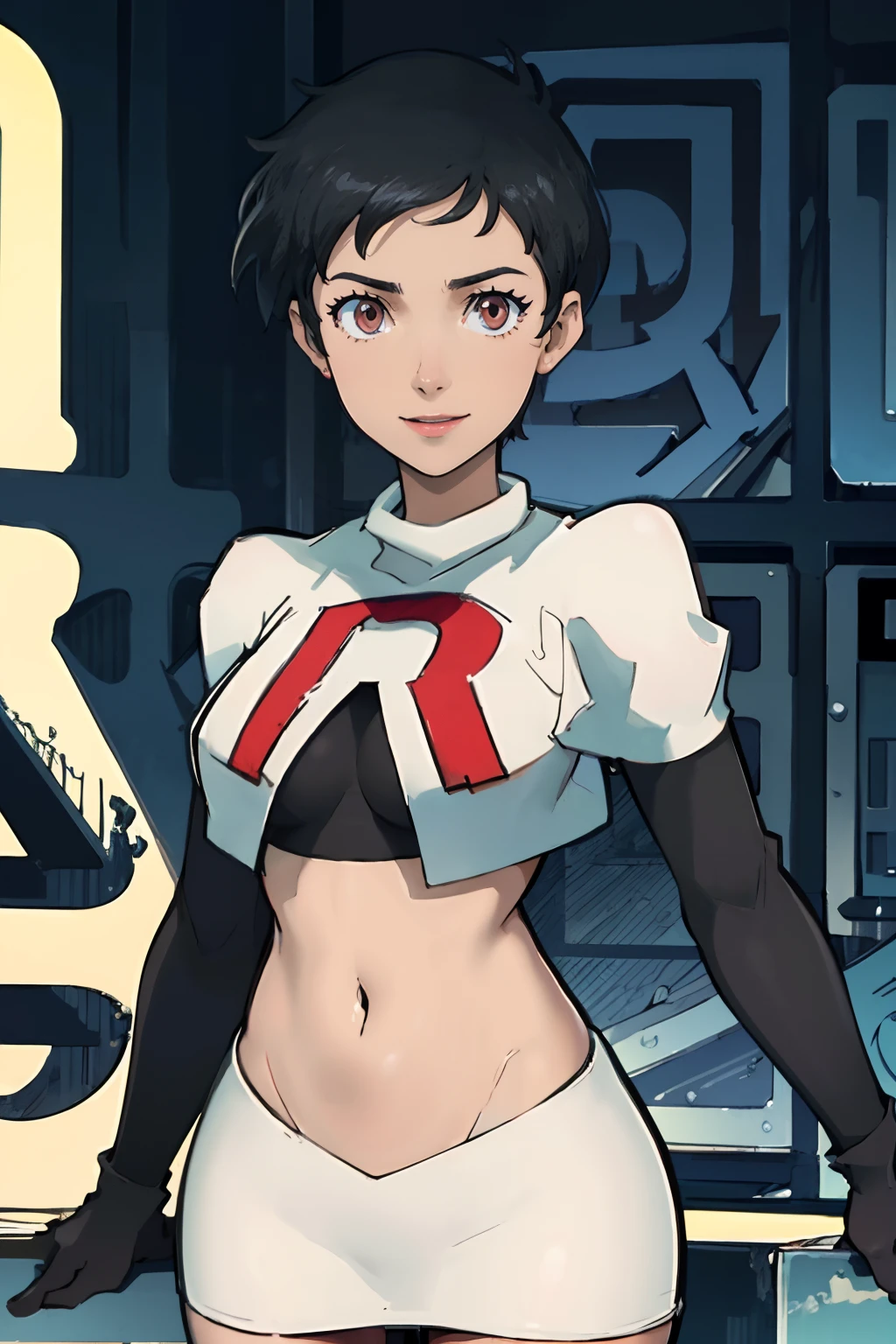 lois lane (my adventures with superman), short hair, brown eyes, black hair, tanned skin, beautiful detailed eyes, team rocket,team rocket uniform, red letter R, white skirt,white crop top,black thigh-highs,black elbow gloves, smile