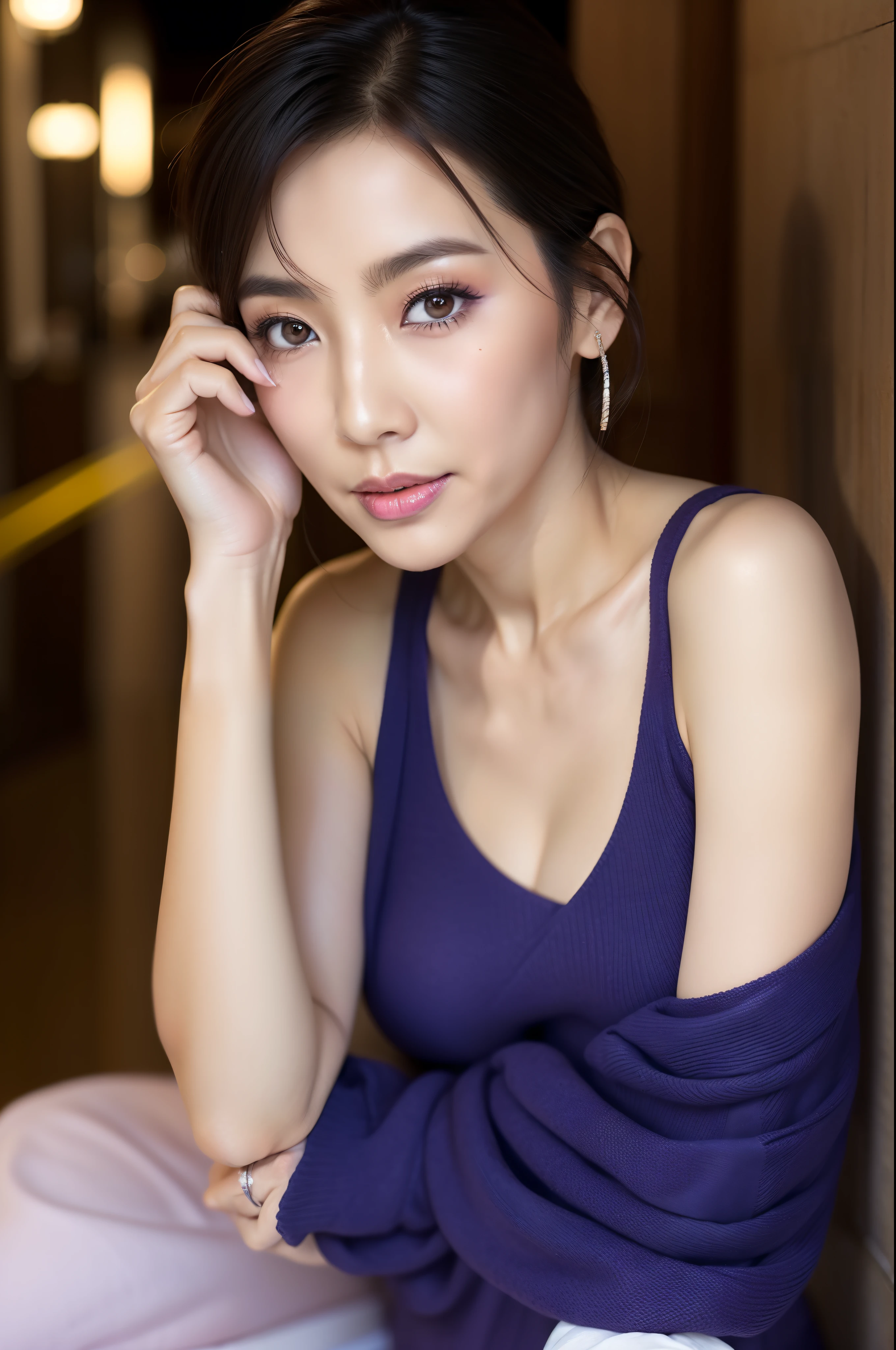 japanese mature, (Solo), 50 years old, (Wrinkles at the corners of the eyes:1.4), Large breasts, A MILF, glamor, A sexy, Chromo-white skin, Looking at Viewer、Super large udder、(Fancy makeup:1.4)、Sleeveless Knit Tight Fit Knit Dress、Muchimuchi、high-heels、ssmile、In the city at night、Prostitutes、long legged、crouching down