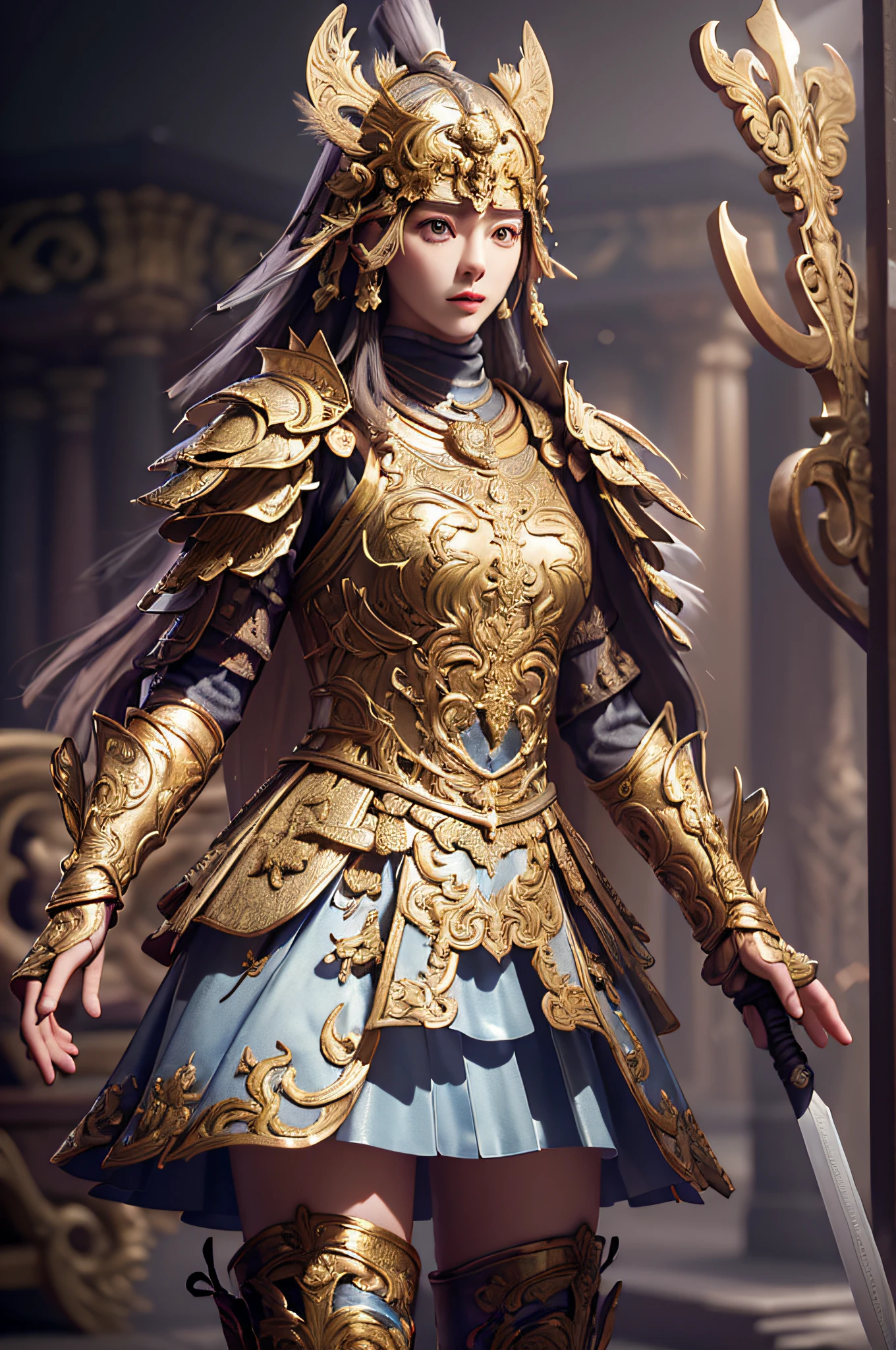 ((masterpiece))), (((best quality))), ((ultra-detailed)), (hyperrealistic), (highly detailed CG illustration), cinematic light, photorealistic ,1girl, armor, eaba, cape, sword, spear, axe